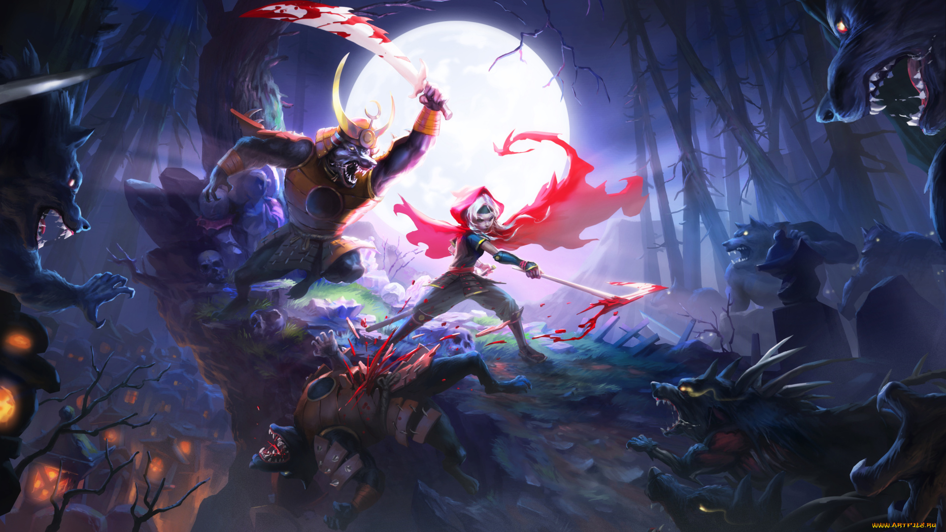 akaneiro, demon, hunters, видео, игры, луна, лес, меч