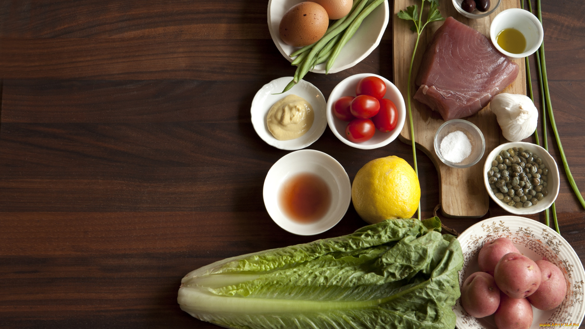 еда, разное, ингредиенты, салат, картофель, рыба, яйца, каперсы, помидоры