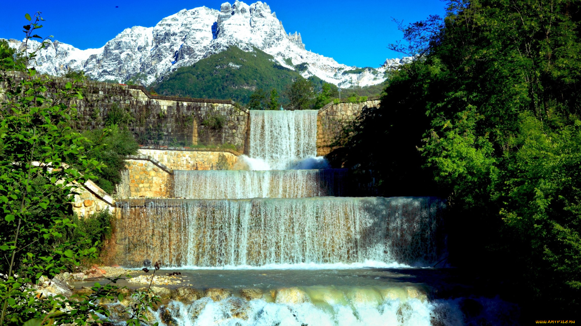 природа, водопады, река, горы, лес, водопад, каскад