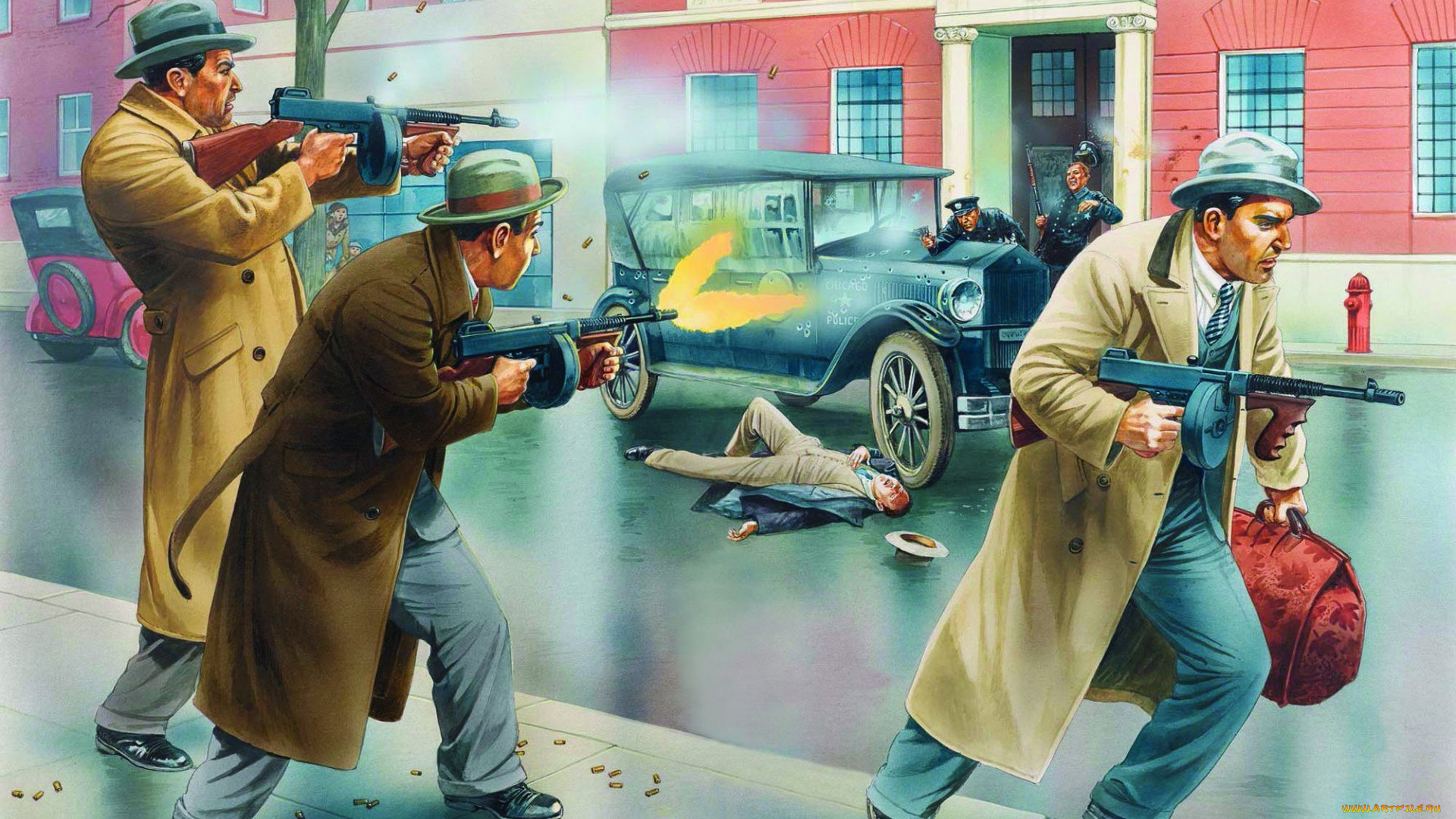 рисованные, люди, полицейские, плащ, автомат, ограбление, гангстеры, гильзы, машина, перестрелка, шляпа, здание, огонь