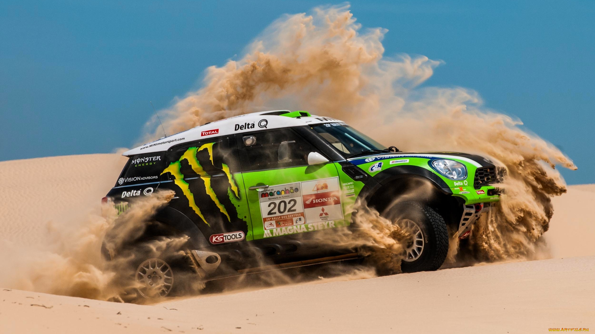 спорт, авторалли, песок, соревнования, пустыня, rally, зеленый, мини, купер, dakar, x-raid, ралли