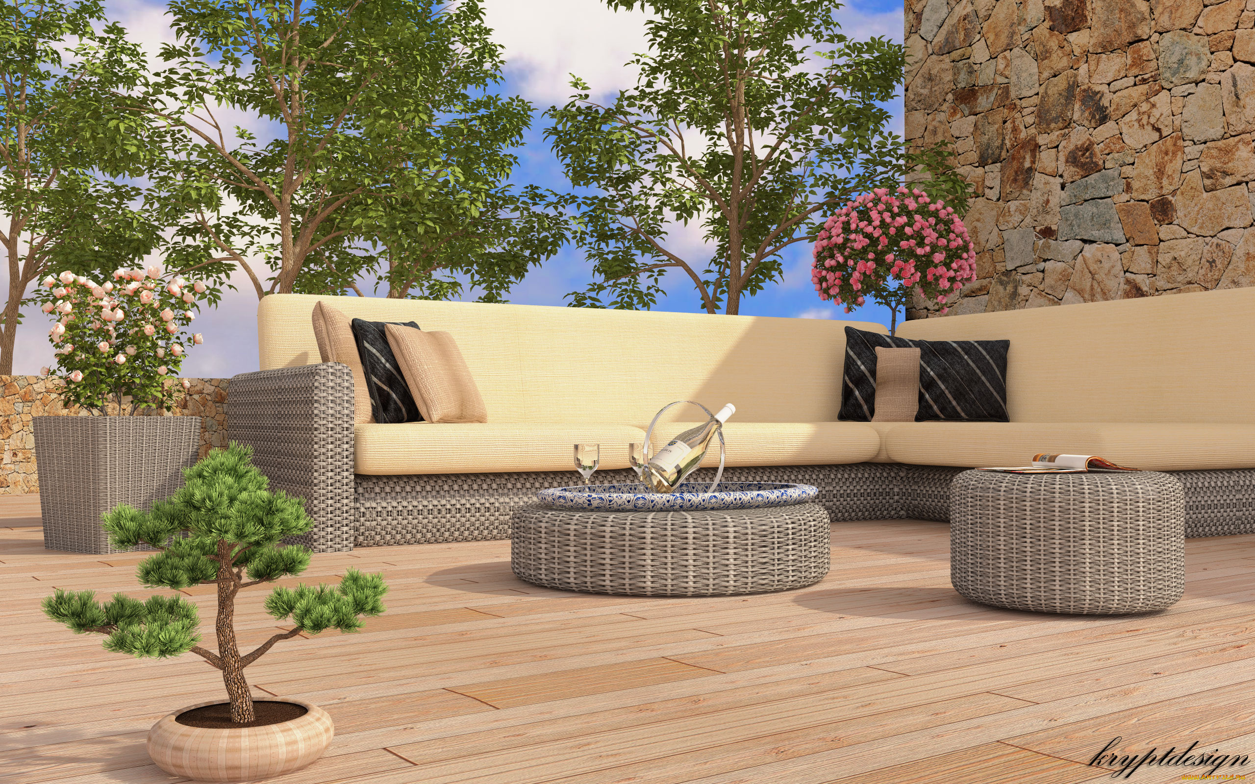 3д, графика, realism, реализм, диван, подушки, деревь, цветы, вино