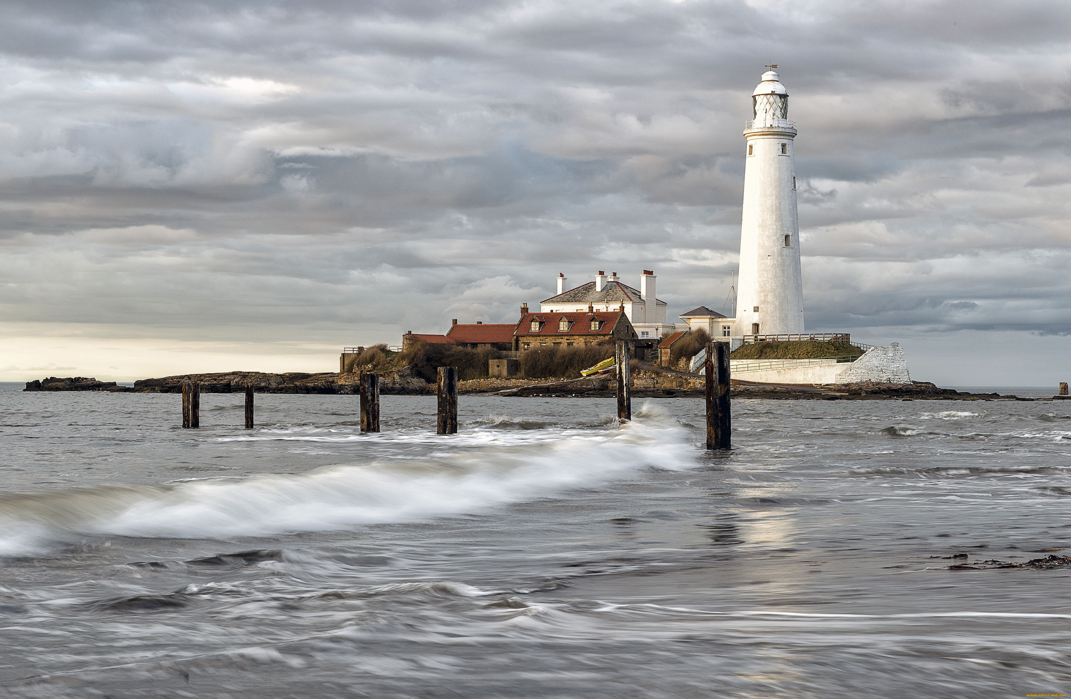 st, mary`s, lighthouse, england, природа, маяки, marys, залив, уитли, остров, whitley, bay, маяк, святой, марии, англия