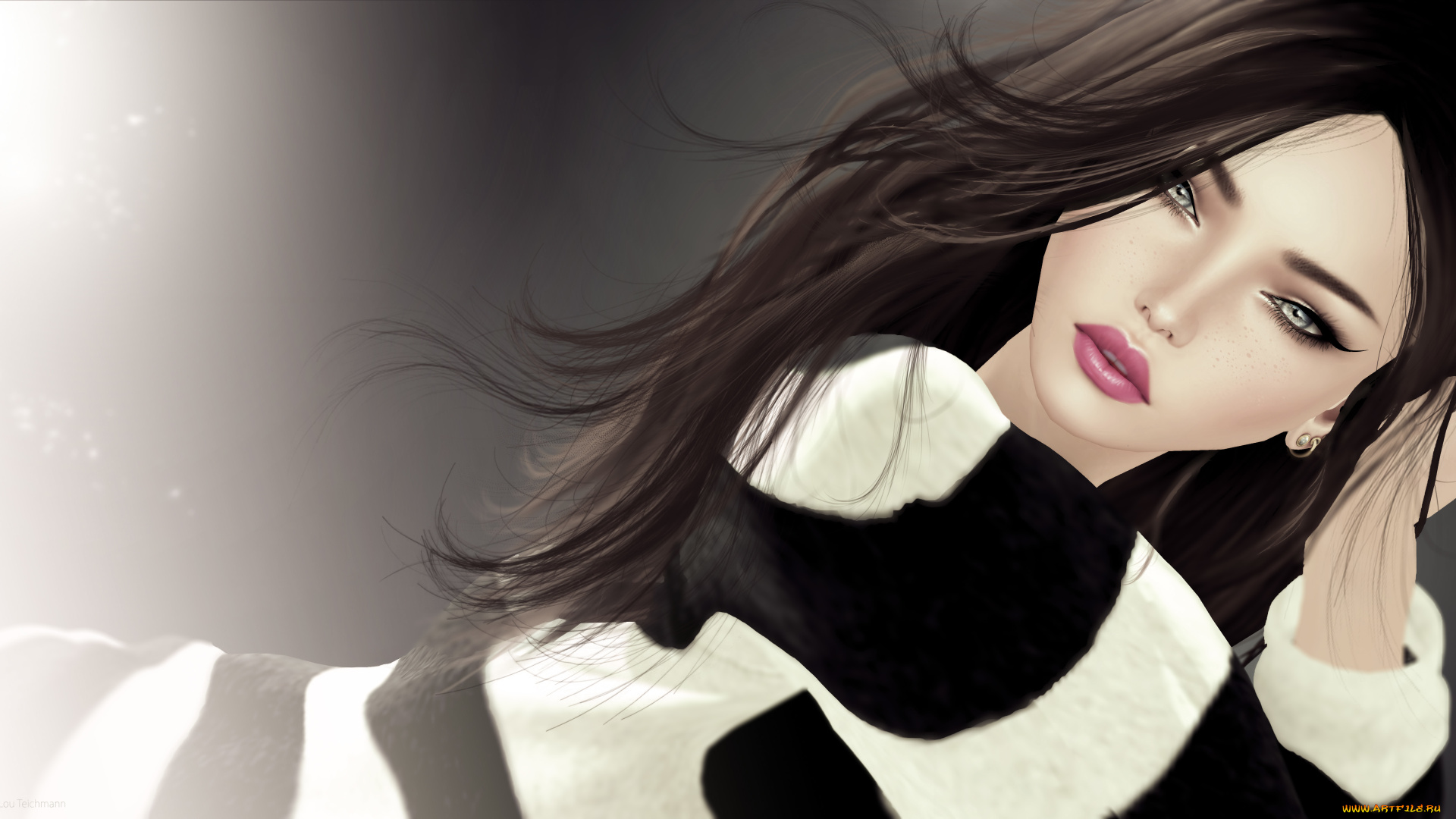 3д, графика, люди, , people, девушка, рендеринг, волосы, взгляд, кофта, полосы, серьги