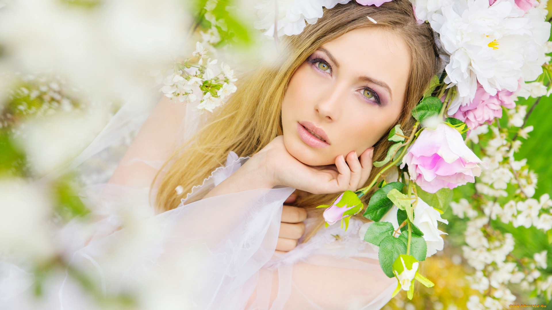 девушки, -unsort, , лица, , портреты, лицо, цветы, венок