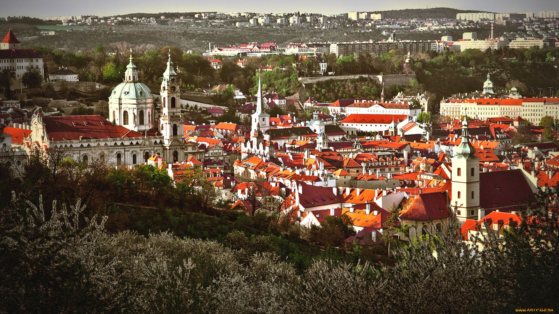 города, прага, , Чехия, панорама, мала, страна