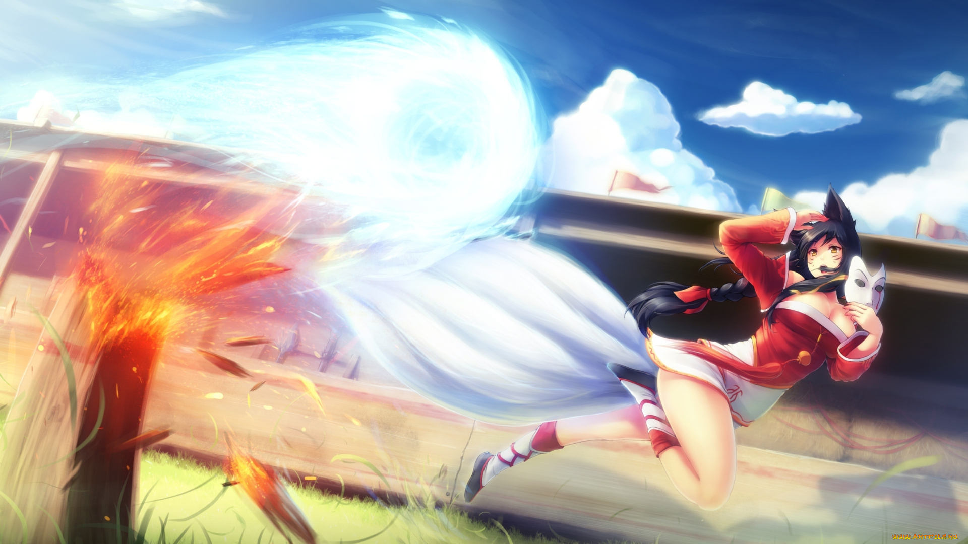 league, of, legends, фэнтези, существа, хвост, ahri, огонь, league, of, legends, лиса, маска