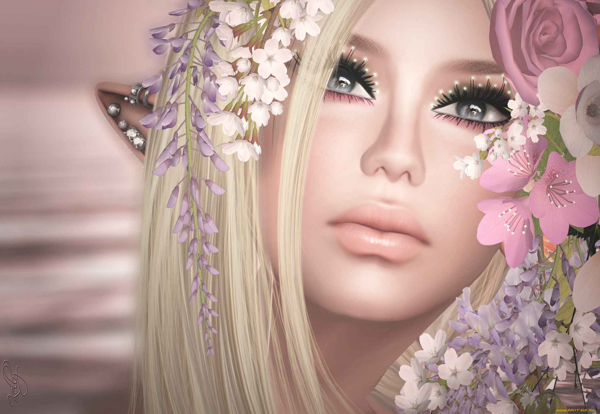 3д, графика, эльфы, , elves, цветы, лицо