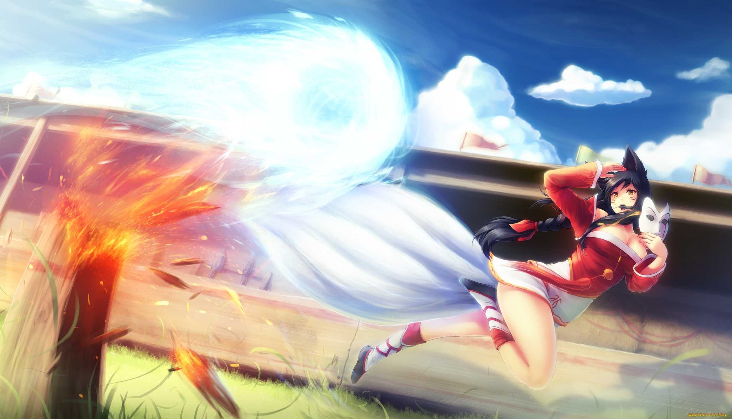 league, of, legends, фэнтези, существа, хвост, ahri, огонь, league, of, legends, лиса, маска