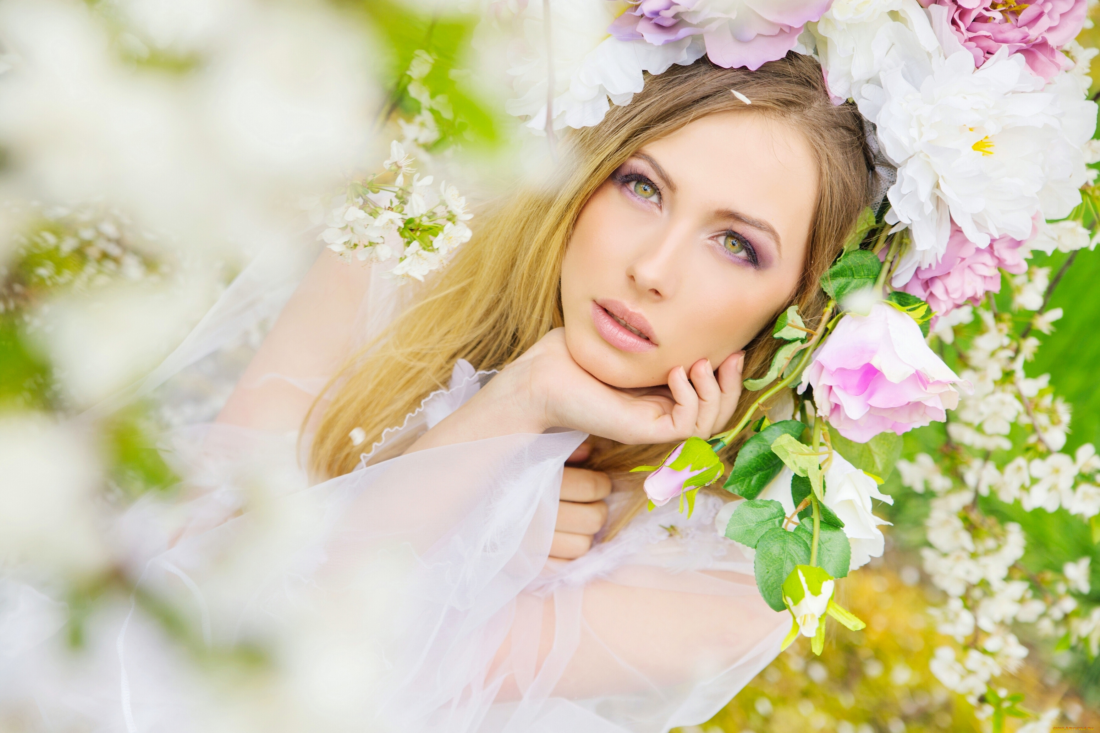 девушки, -unsort, , лица, , портреты, лицо, цветы, венок