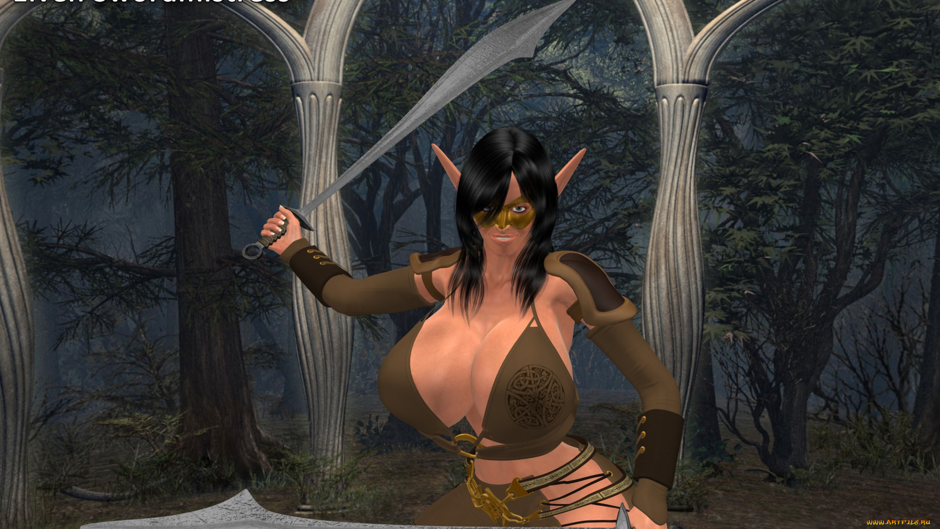 3д, графика, эльфы, , elves, мечи, фон, взгляд, эльфийка