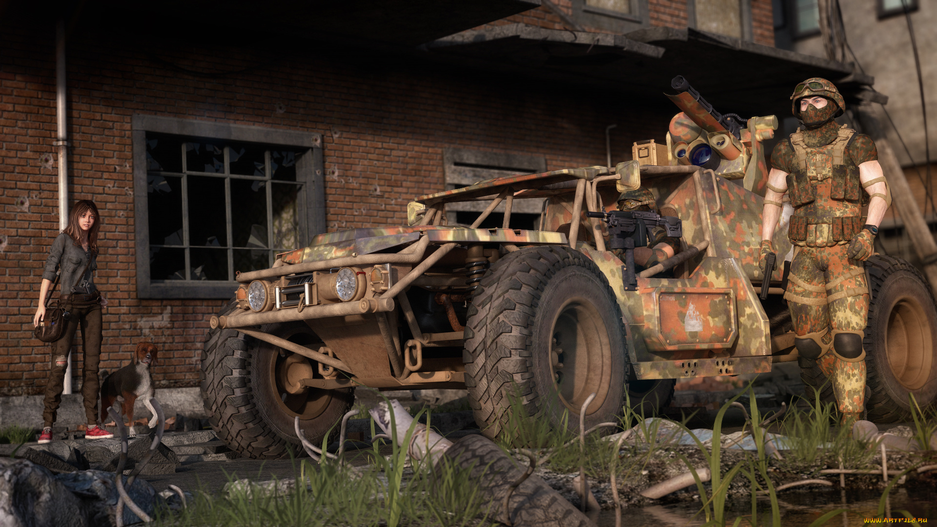 3д, графика, фантазия, , fantasy, солдат, танк, собака, девушка, взгляд, фон