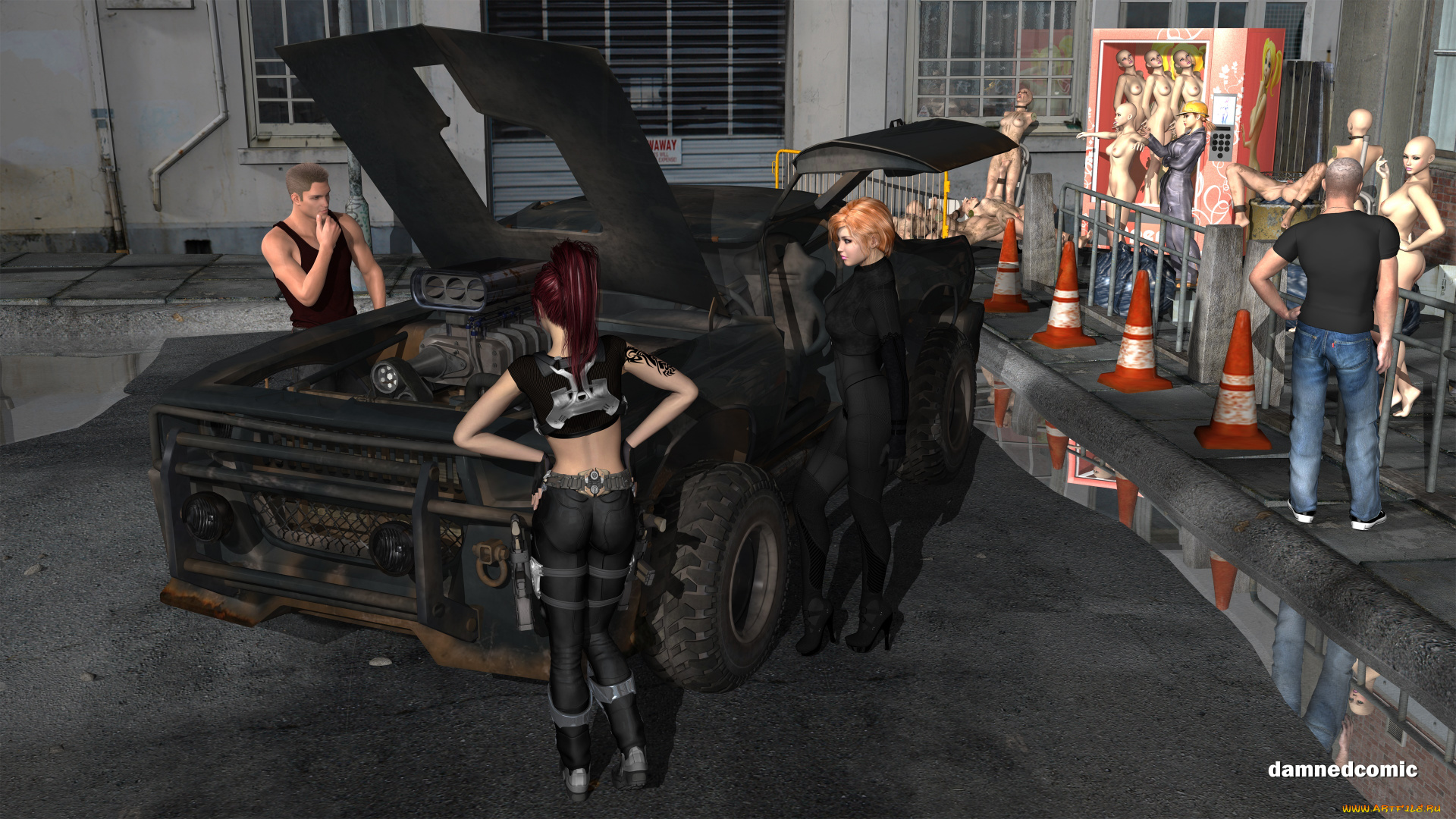 3д, графика, люди, , people, фон, взгляд, девушки, автомобиль, парень