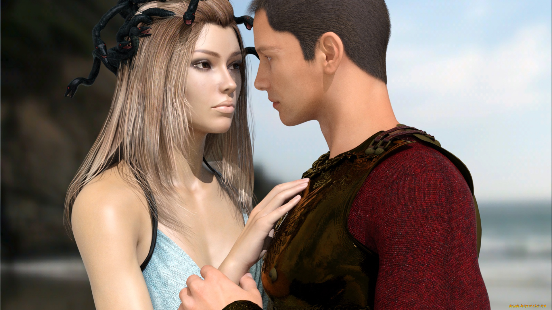 3д, графика, существа, , creatures, горгон, парень, фон, взгляд, девушка