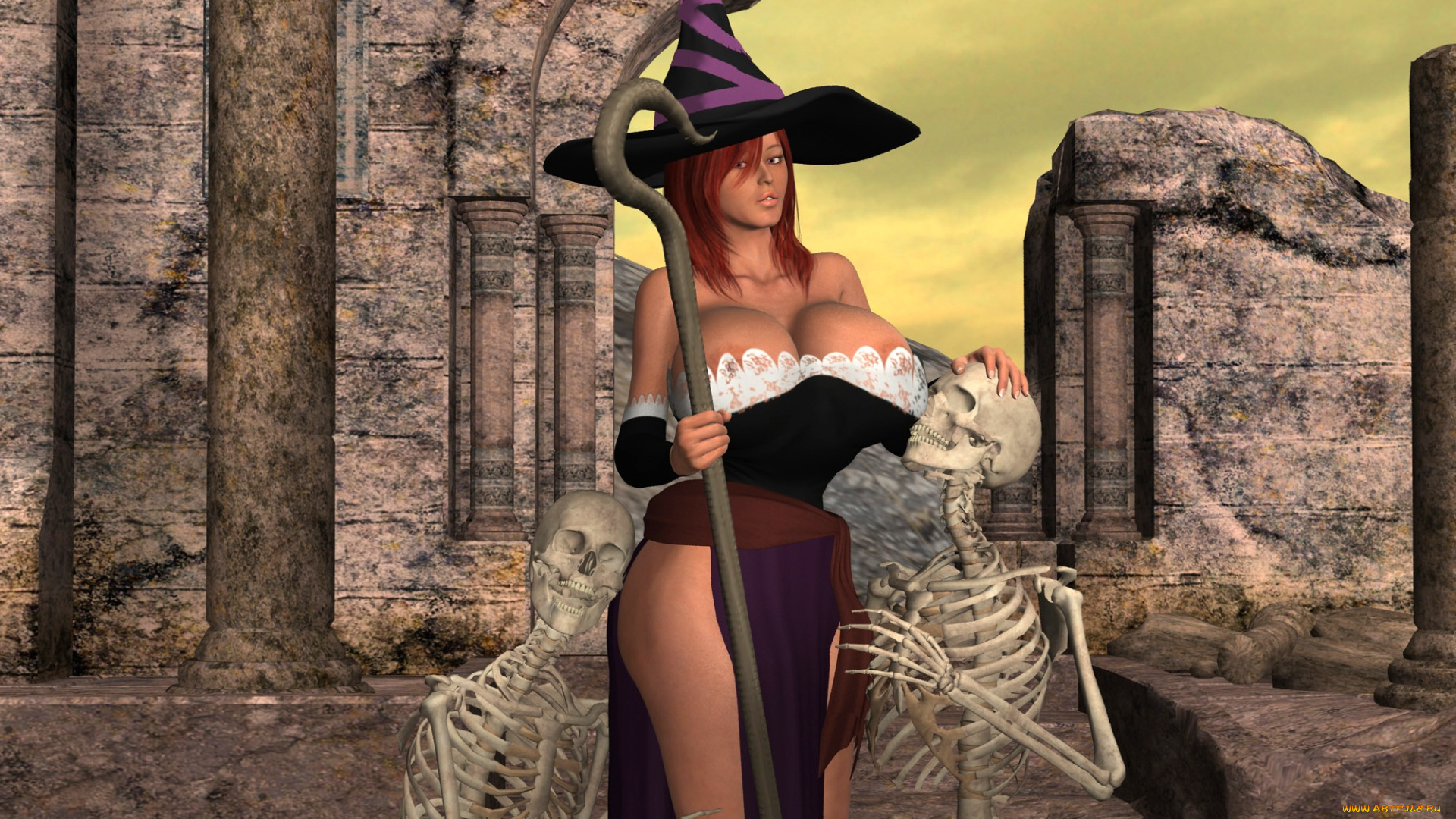 3д, графика, ужас, , horror, фон, взгляд, девушка, скелеты, шест