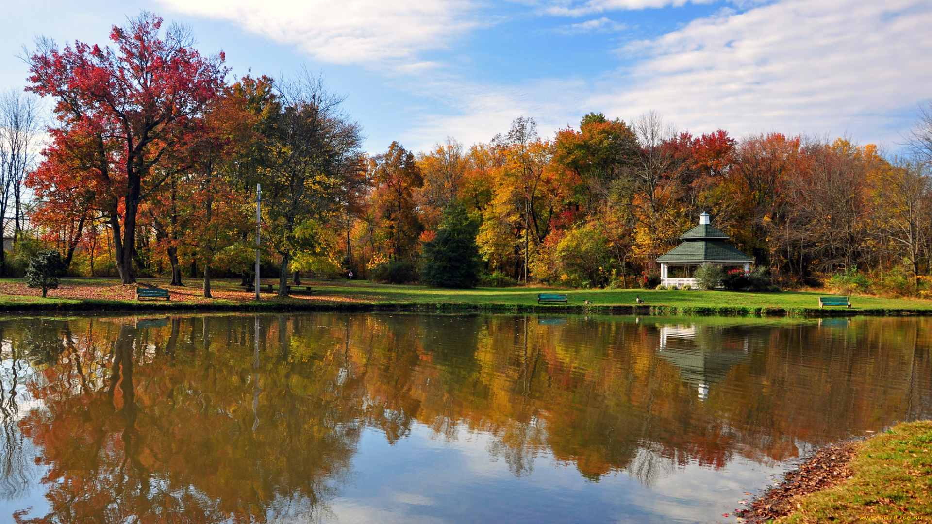 природа, парк, деревья, небо, отражения, озеро