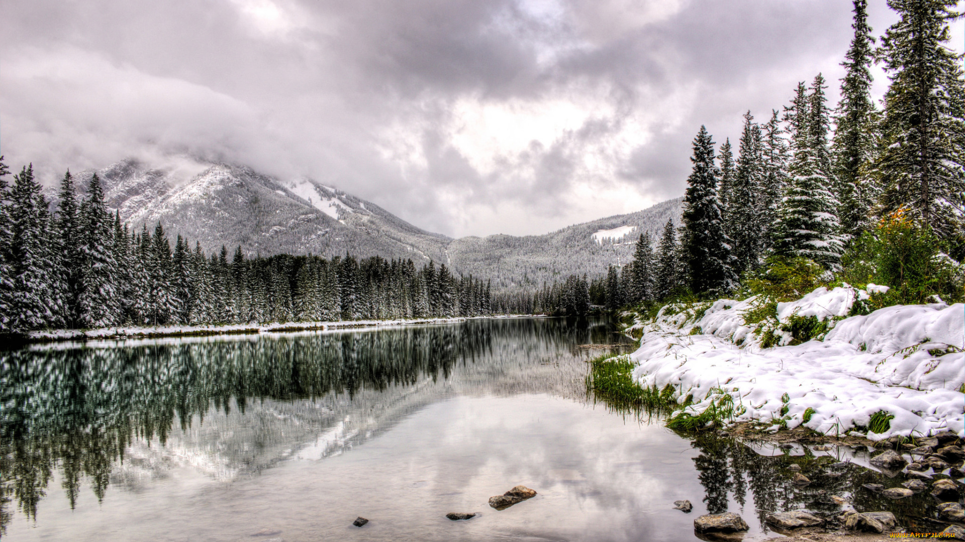природа, реки, озера, озеро, вода, горы, снег, облака, зима, деревья, отражение, альберта, канада, canada, alberta
