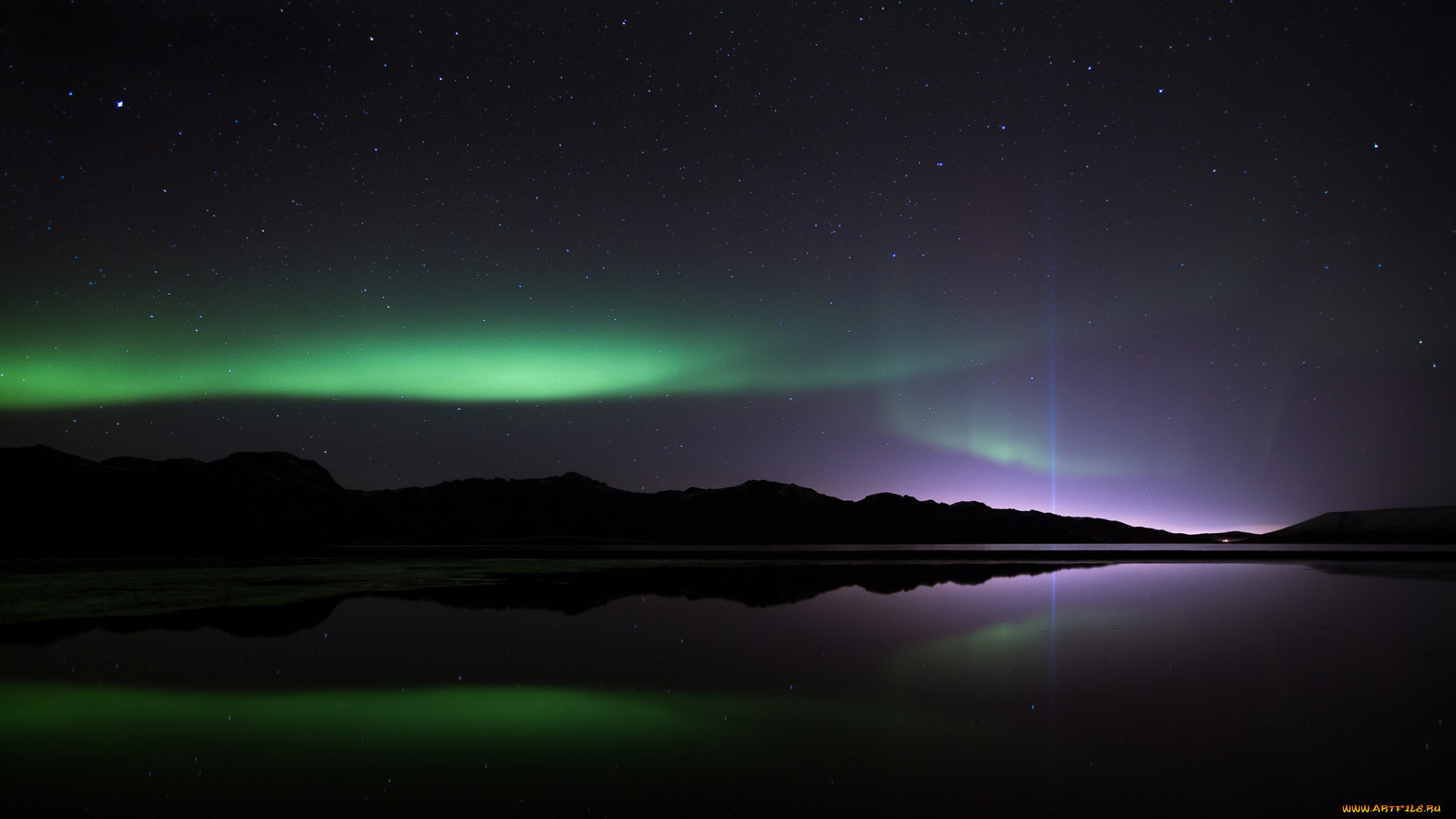 природа, северное, сияние, отражения, горы, звезды, ночь, свет