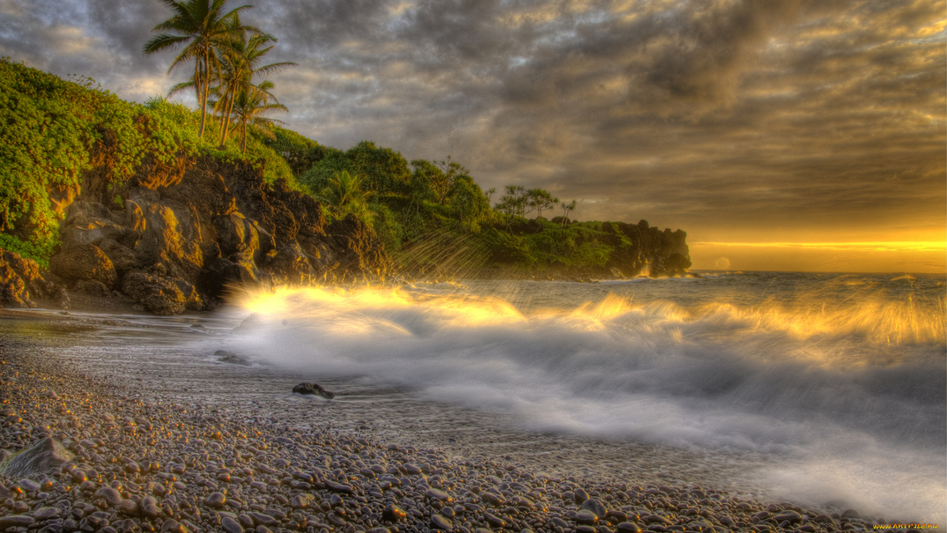 природа, тропики, пальмы, пляж, прибой, океан