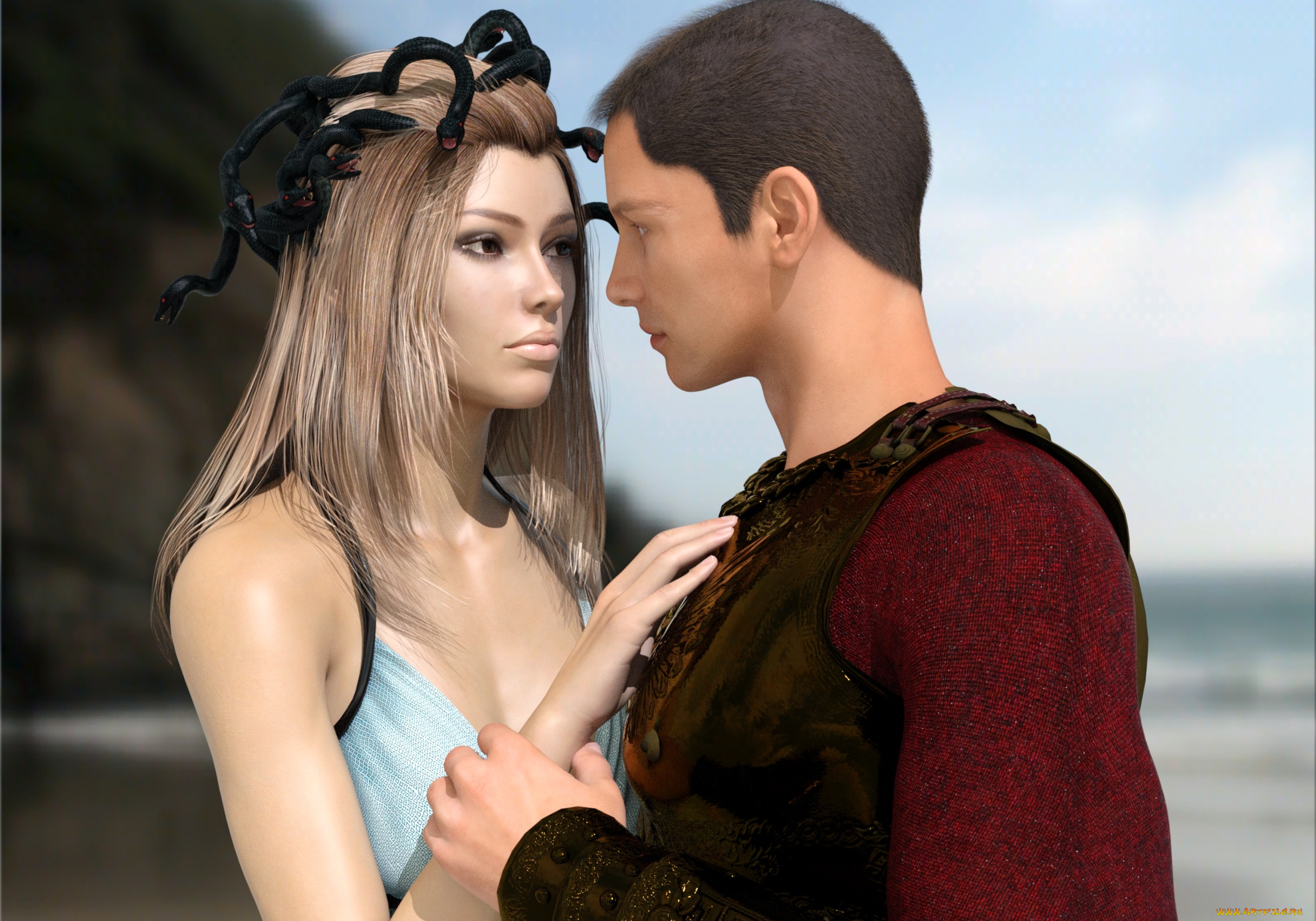 3д, графика, существа, , creatures, горгон, парень, фон, взгляд, девушка