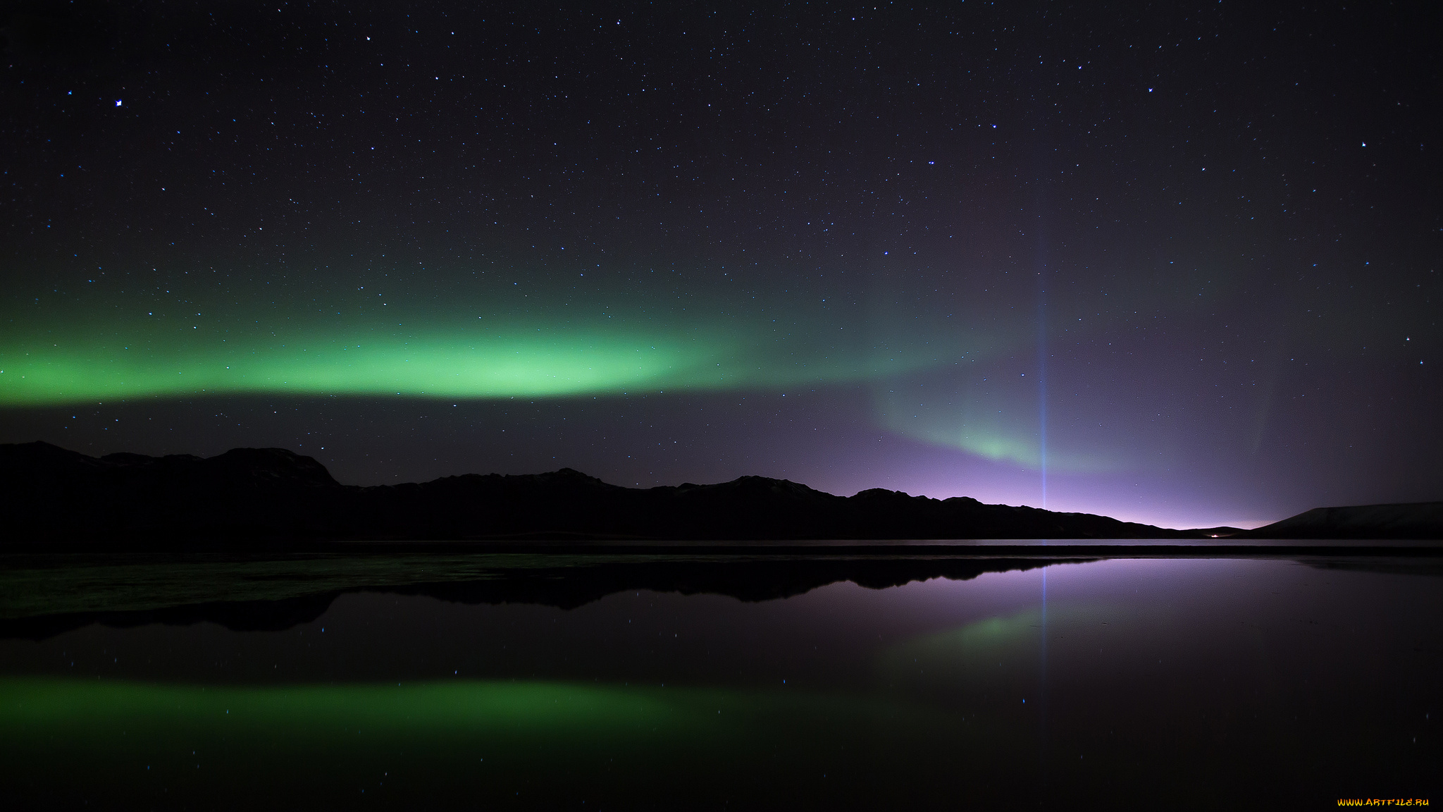 природа, северное, сияние, отражения, горы, звезды, ночь, свет