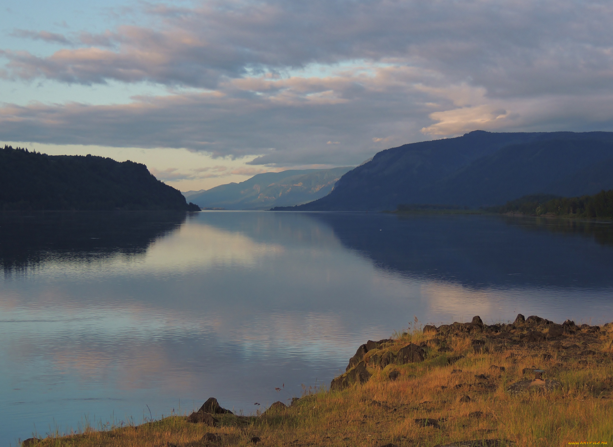 природа, реки, озера, озеро, вечер, облака, холмы