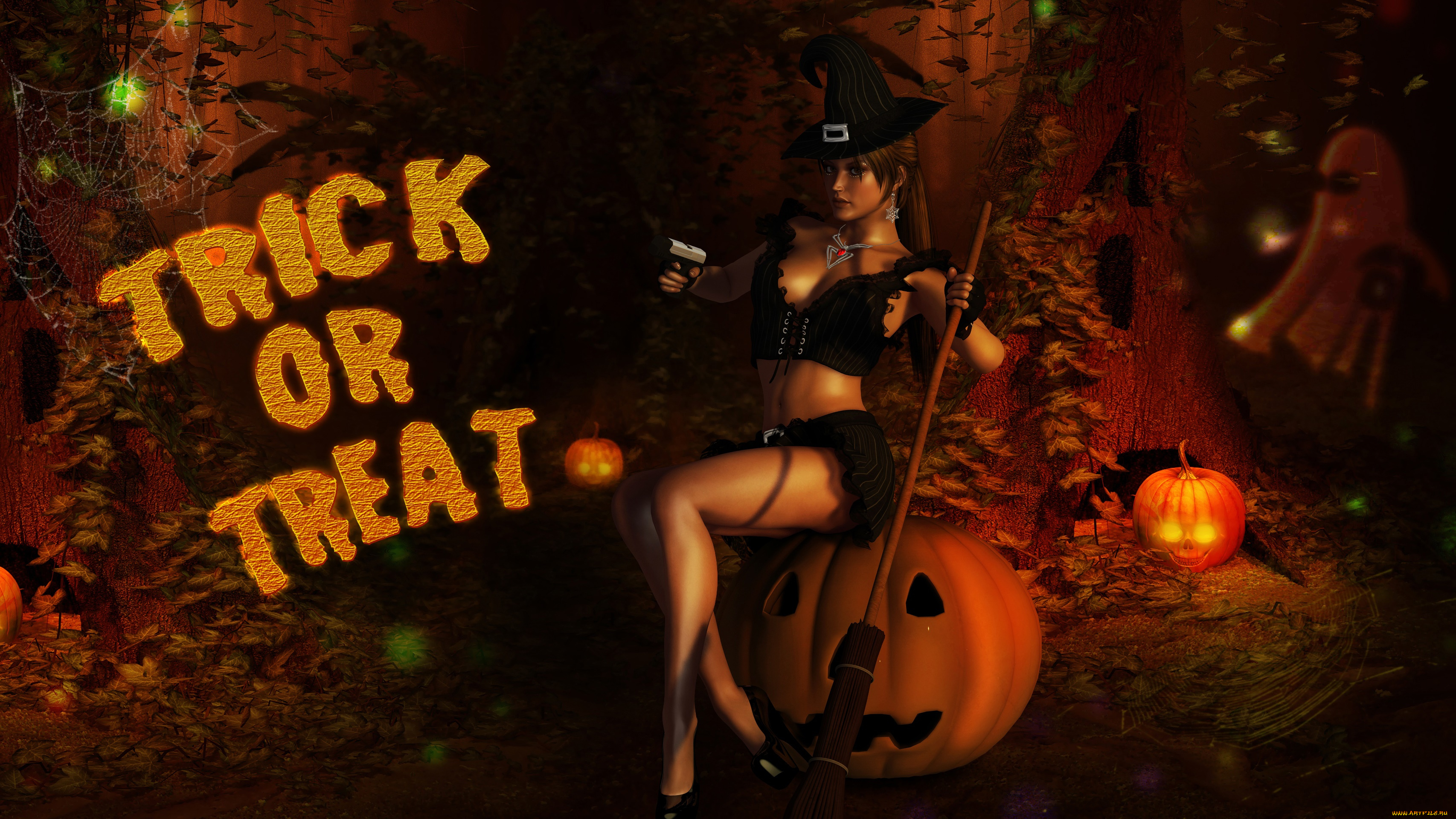 3д, графика, праздники, , holidays, тыква, оружие, метла, фон, девушка, взгляд, призрак