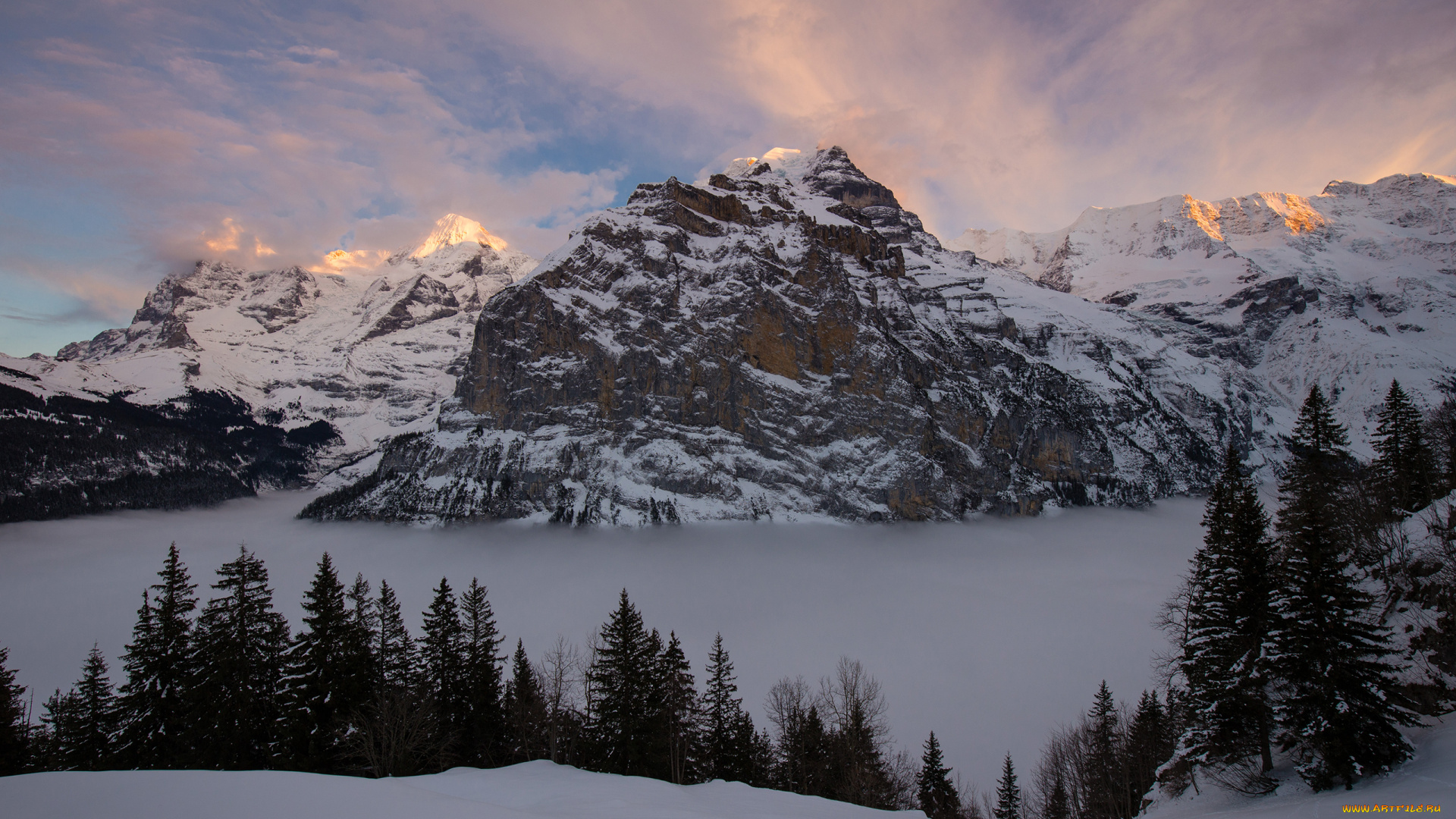 природа, горы, туман, снег, лес