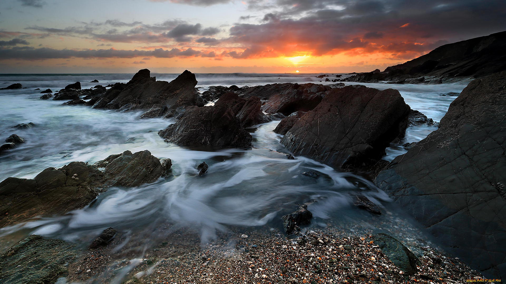 природа, побережье, закат, море, камни
