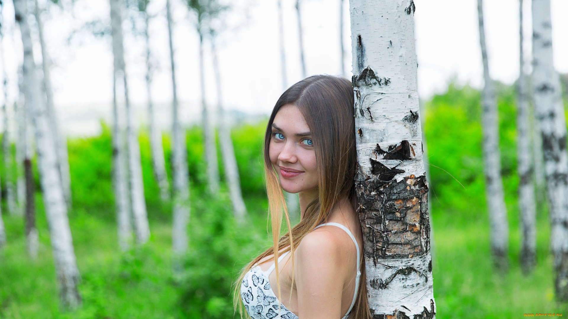 девушки, -unsort, , блондинки, , светловолосые, березы, деревья, блондинка, улыба, белье
