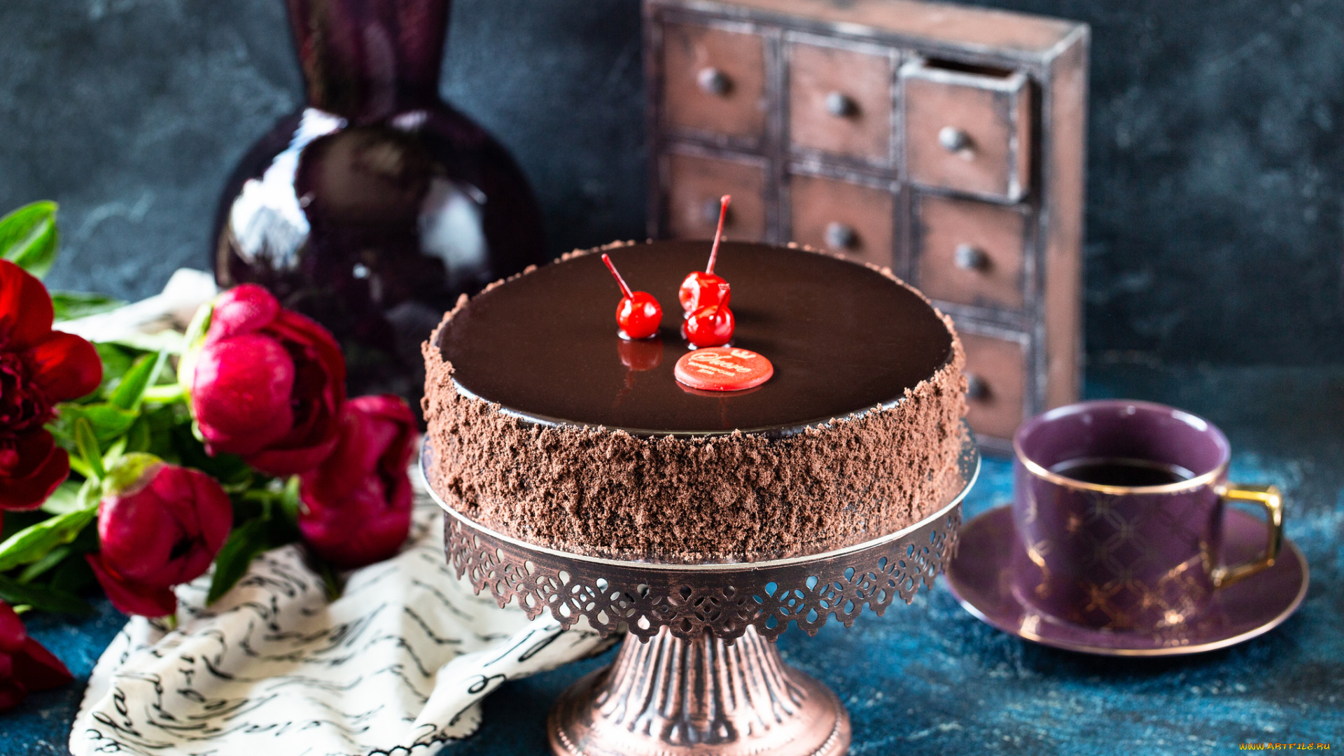еда, торты, цветы, шоколад, ягоды, торт