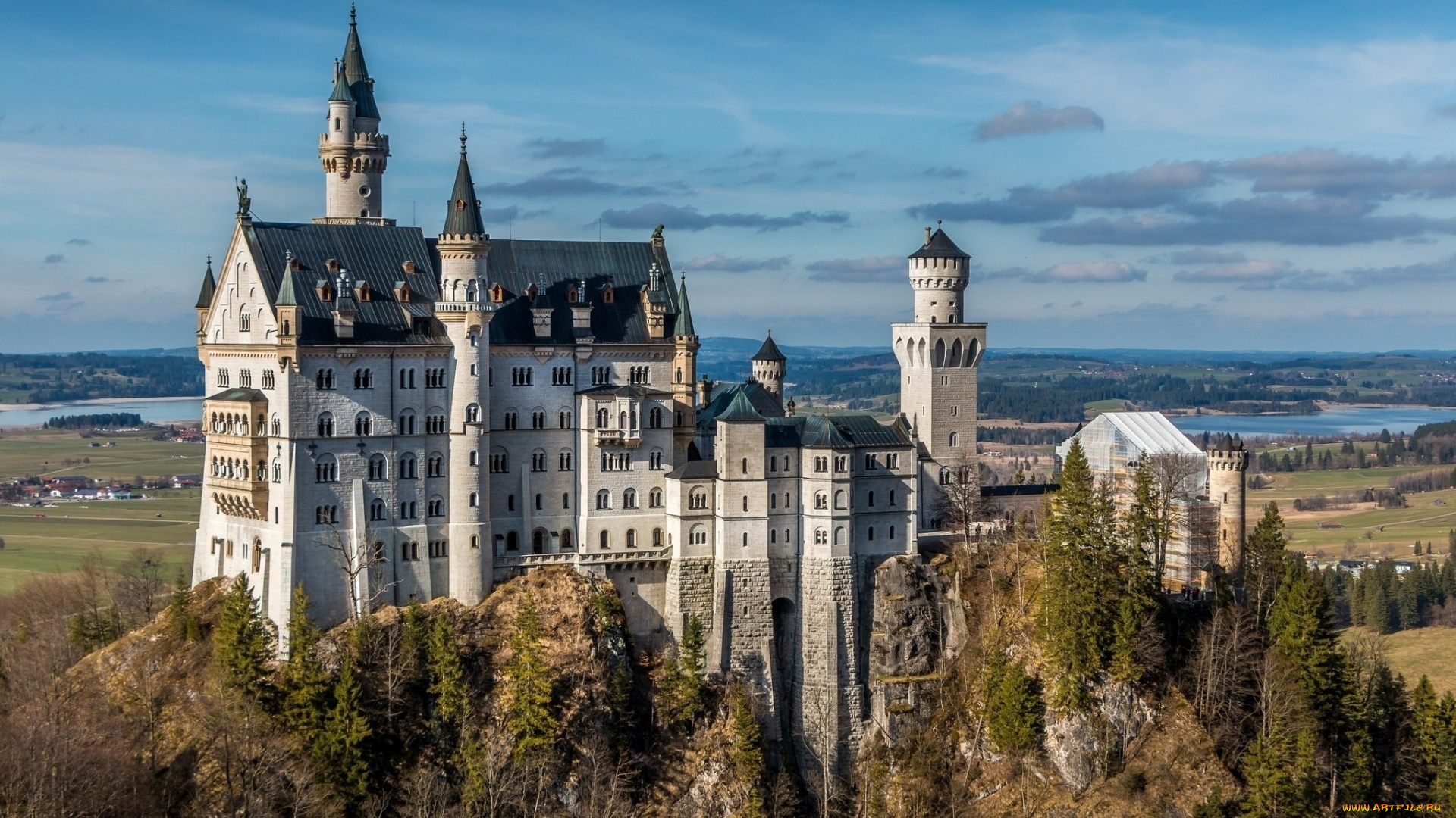 города, замок, нойшванштайн, , германия, замок, скала, деревья, небо, панорама