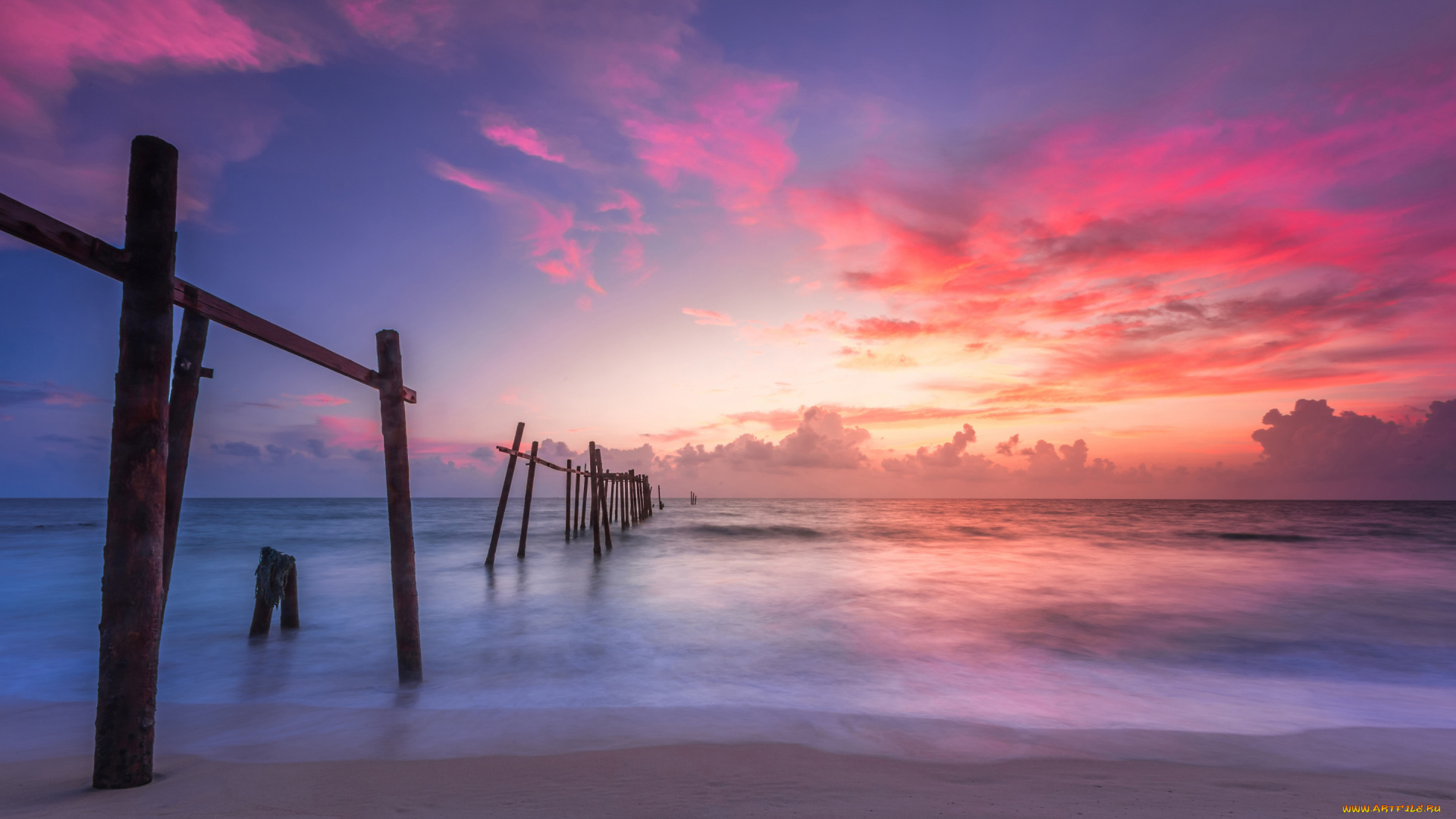 природа, побережье, закат, wave, purple, beach, seascape, beautiful, песок, pink, sunset, волны, море, summer, лето, пляж, sea, sand