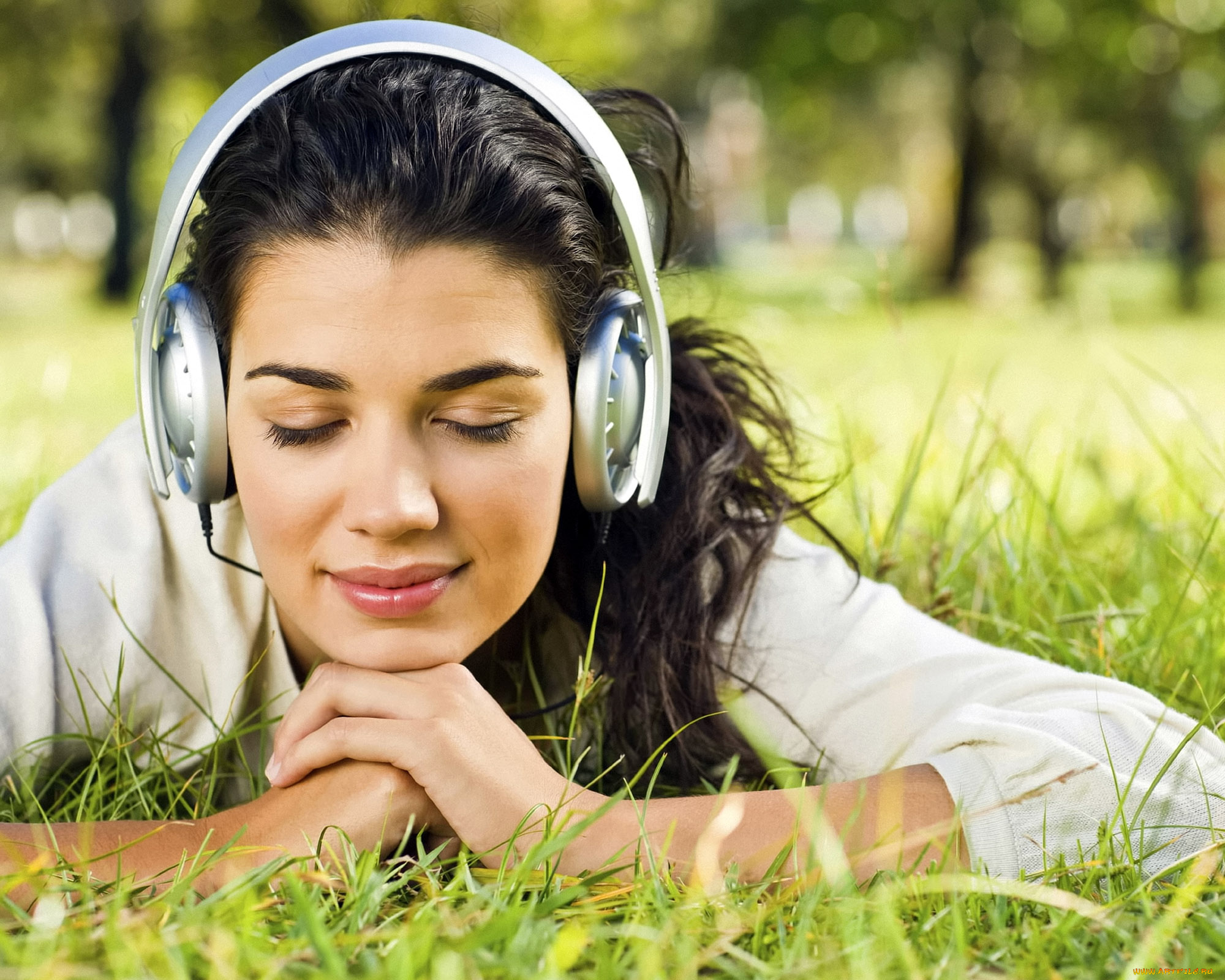 музыка, -другое, природа, лицо, трава, девушка, наушники