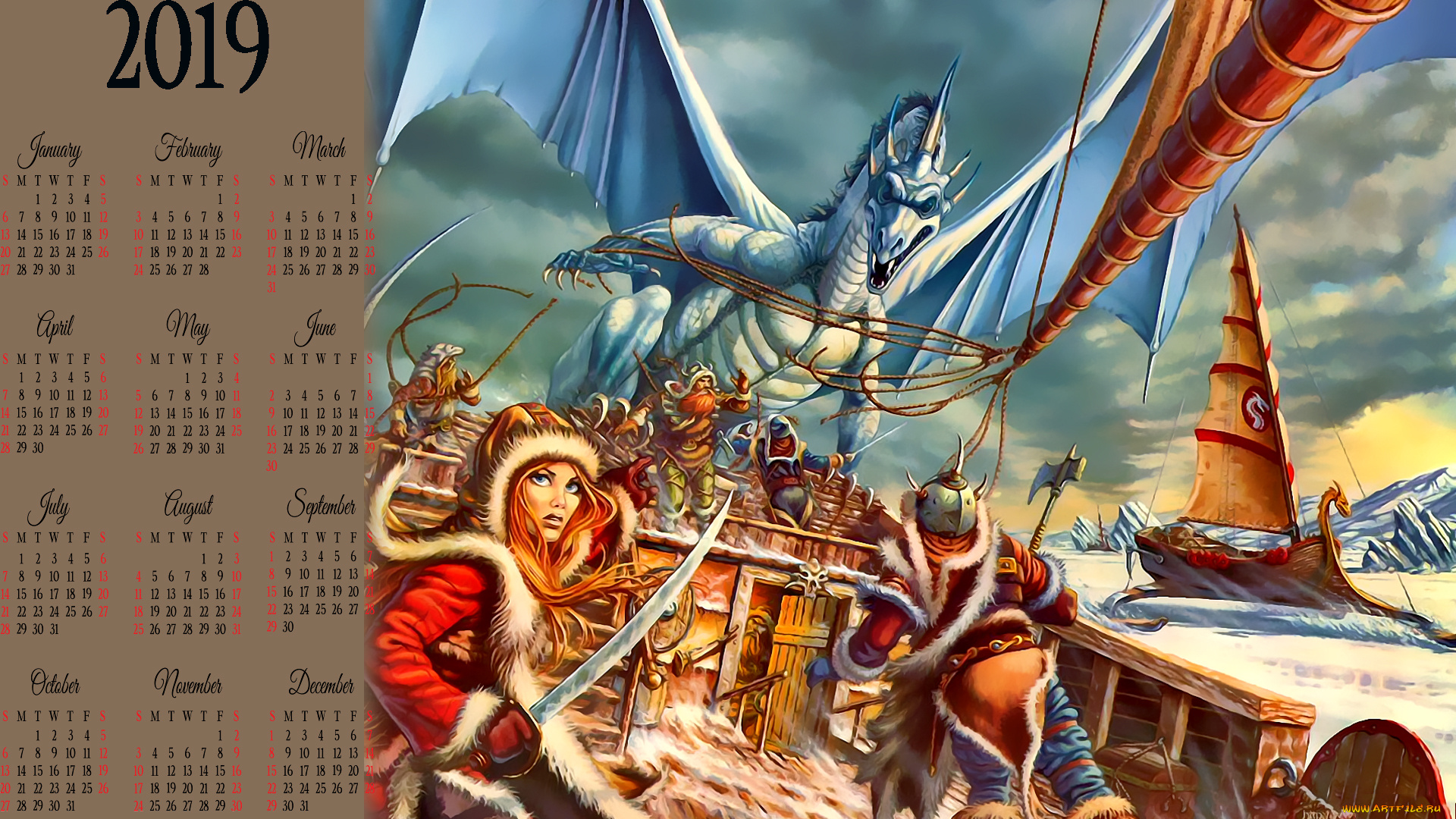 календари, фэнтези, calendar, корабль, оружие, девушка, дракон, 2019
