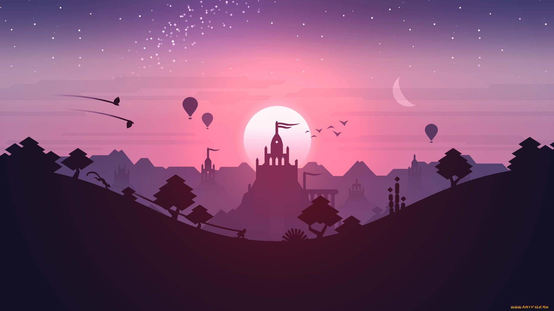 векторная, графика, город, , city, temple, sunset, landscape, stars, games, purple