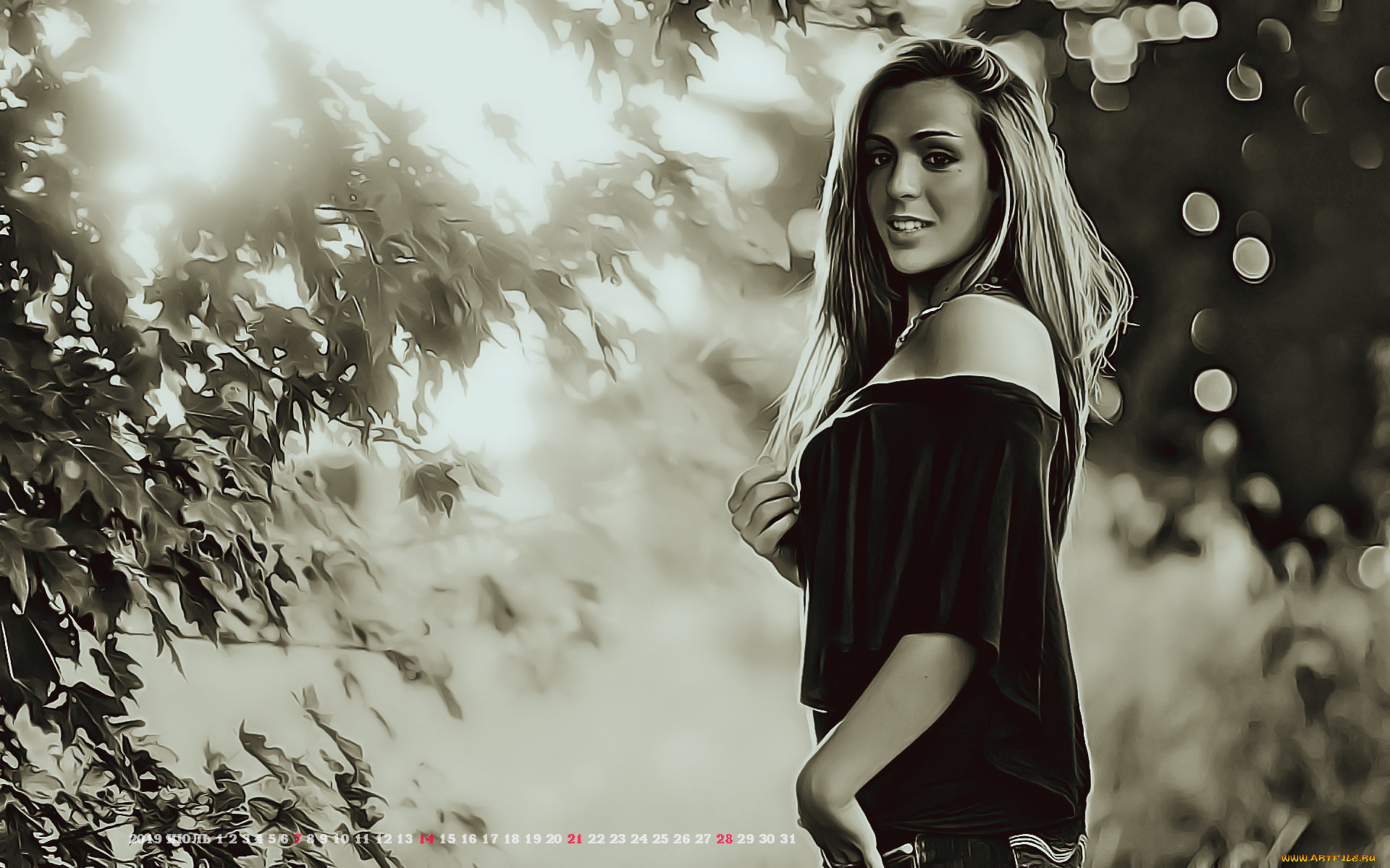 календари, компьютерный, дизайн, calendar, 2019, листья, женщина, взгляд, девушка, природа