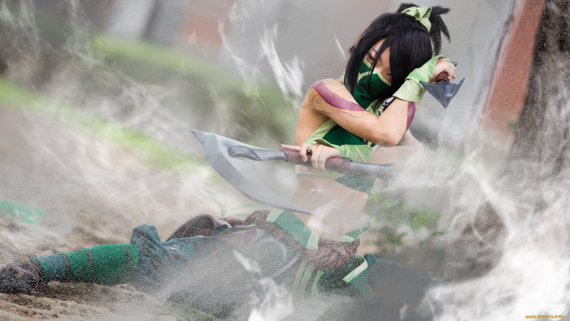 девушки, -, креатив, , косплей, костюм, оружие, движение, пыль