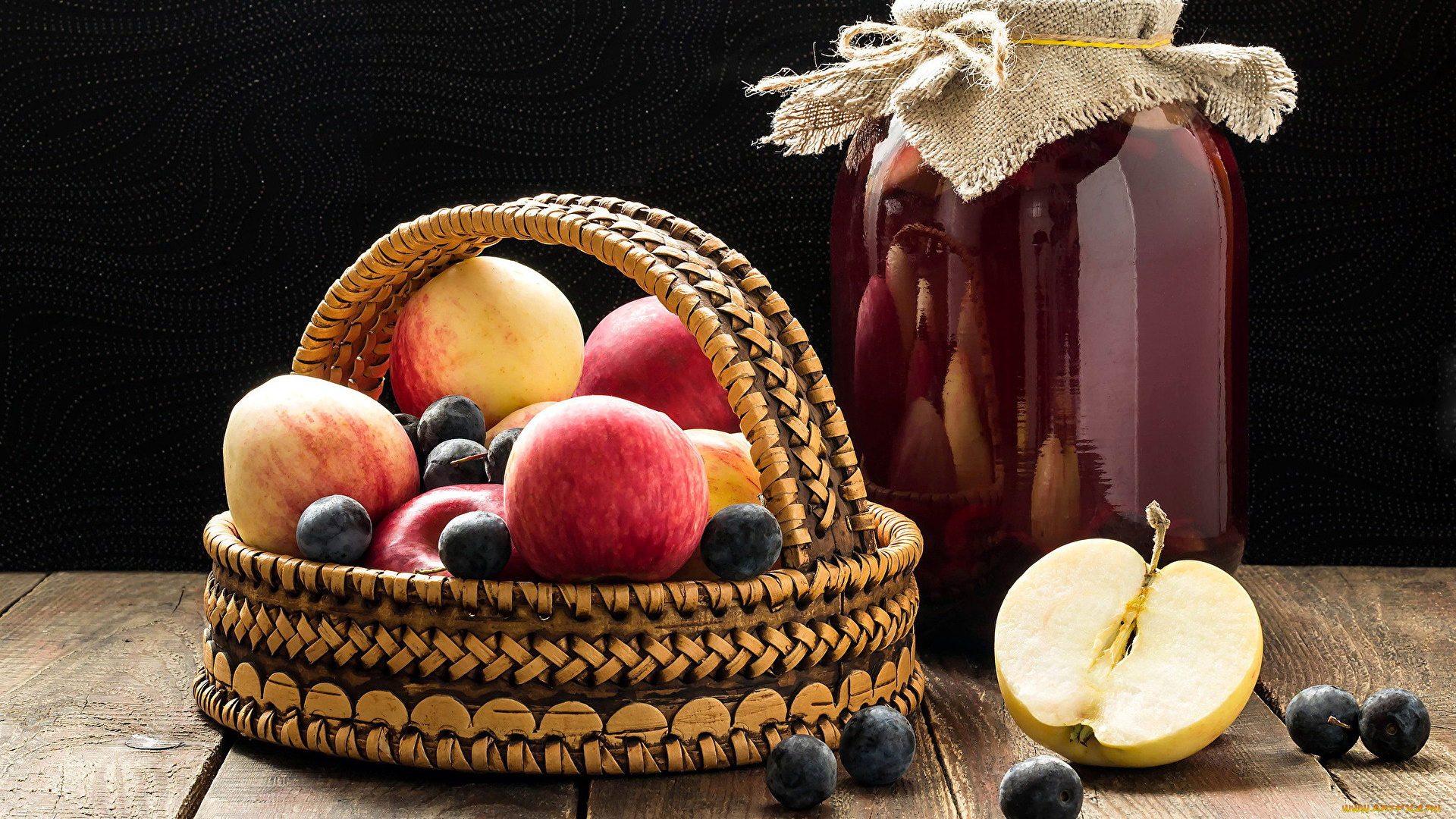 еда, яблоки, черника, джем