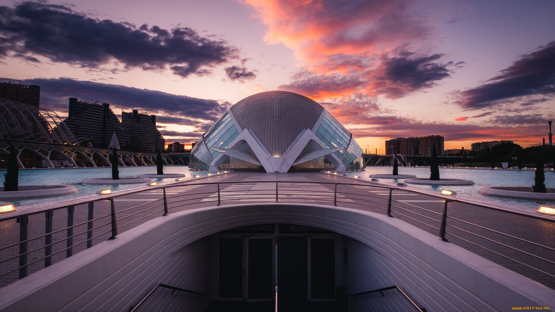 города, валенсия, , испании, агора, валенсия, современные, здания, вечер, закат, фонтаны, современная, архитектура, испания