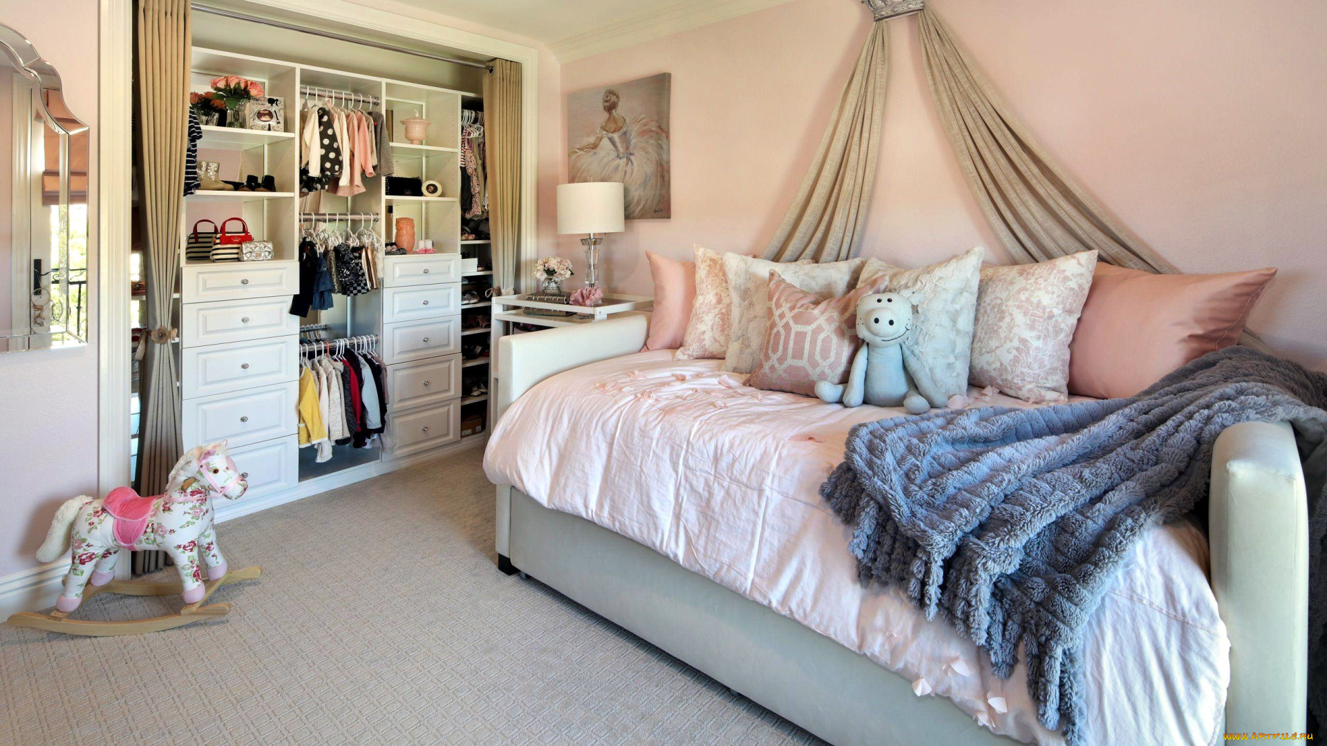 интерьер, детская, комната, кровать, шкаф, игрушки