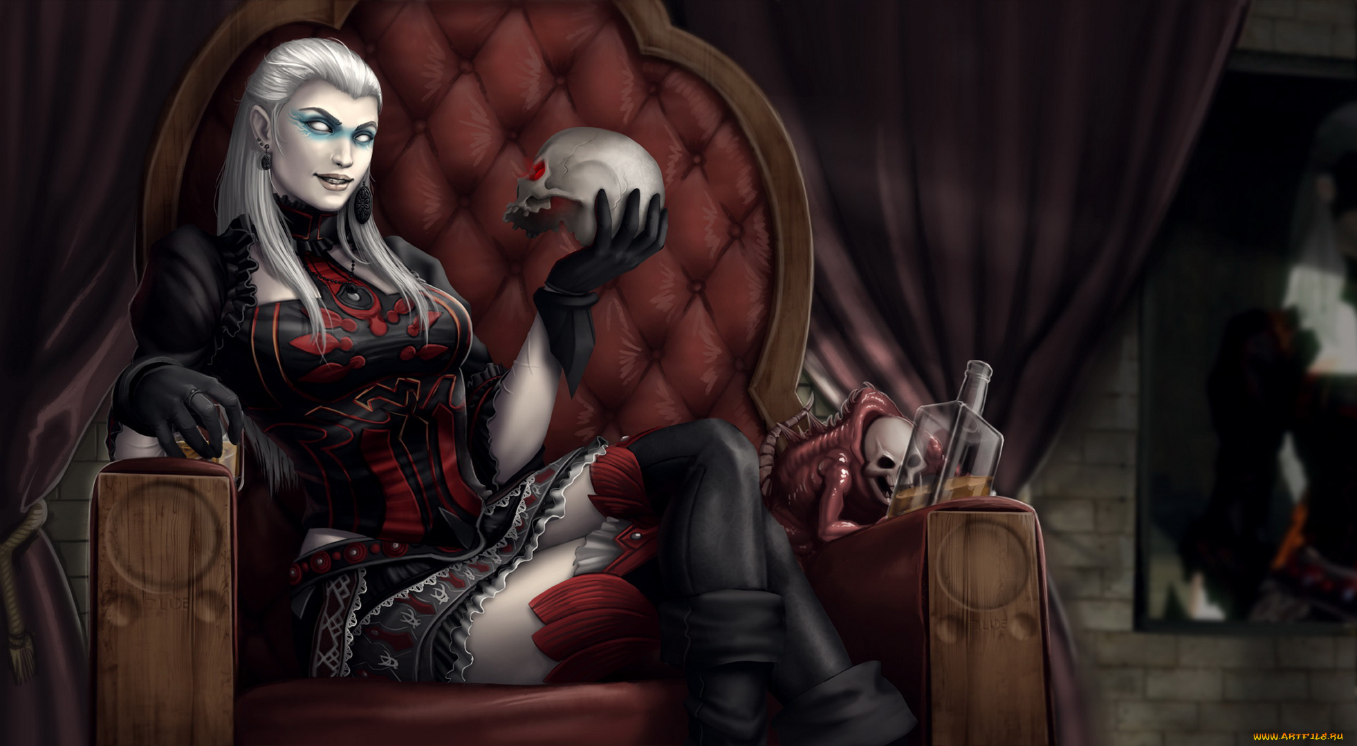 фэнтези, маги, , волшебники, девушка, фон, платье, взгляд, череп