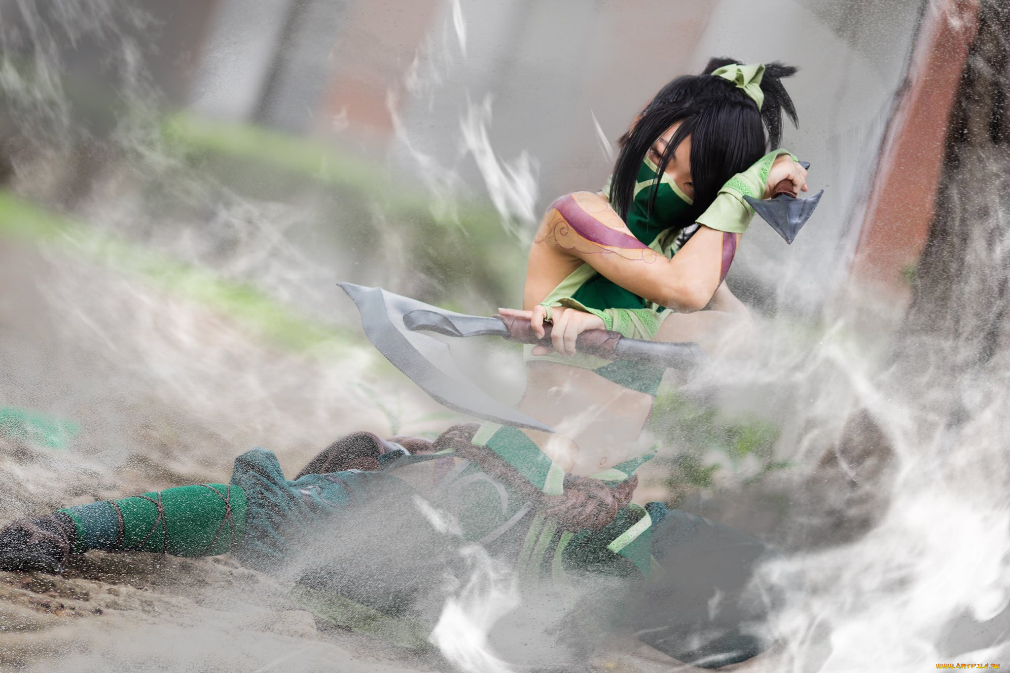 девушки, -, креатив, , косплей, костюм, оружие, движение, пыль