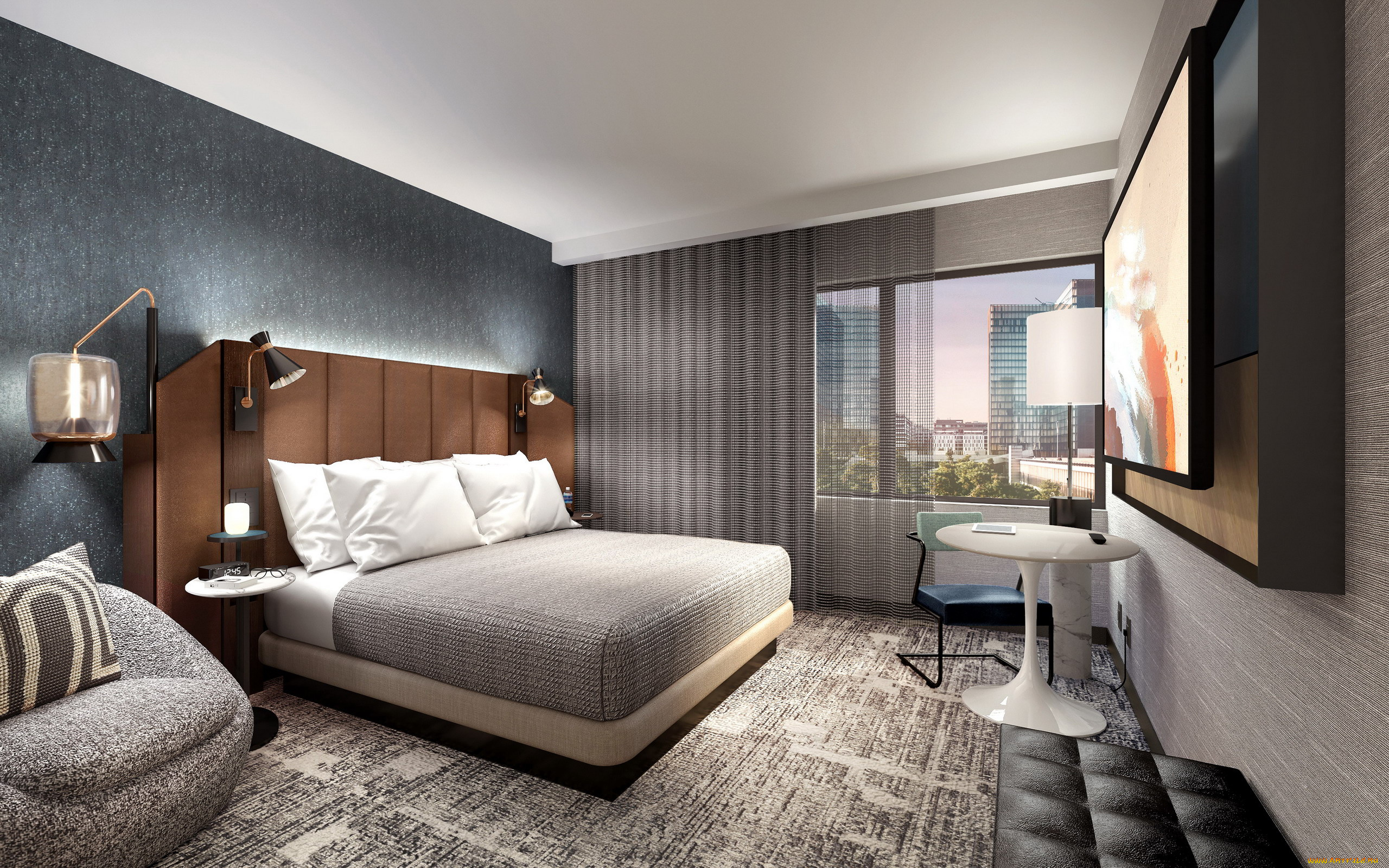 интерьер, спальня, кровать, телевизор