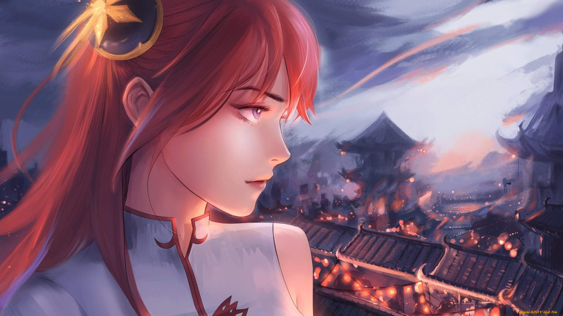 аниме, gintama, девушка, город, огни