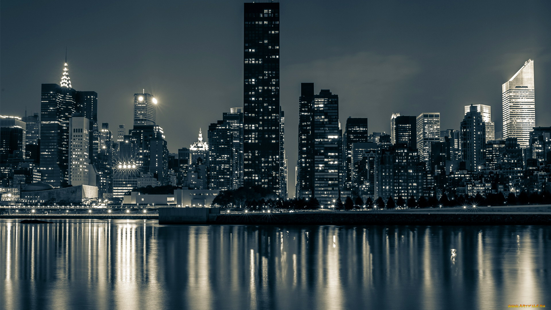 города, нью-йорк, , сша, дома, огни, река