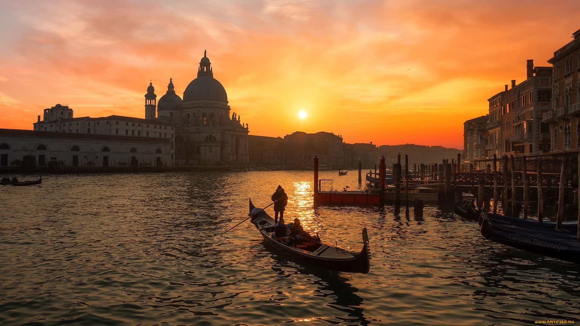 города, венеция, , италия, канал, собор, гондола, закат