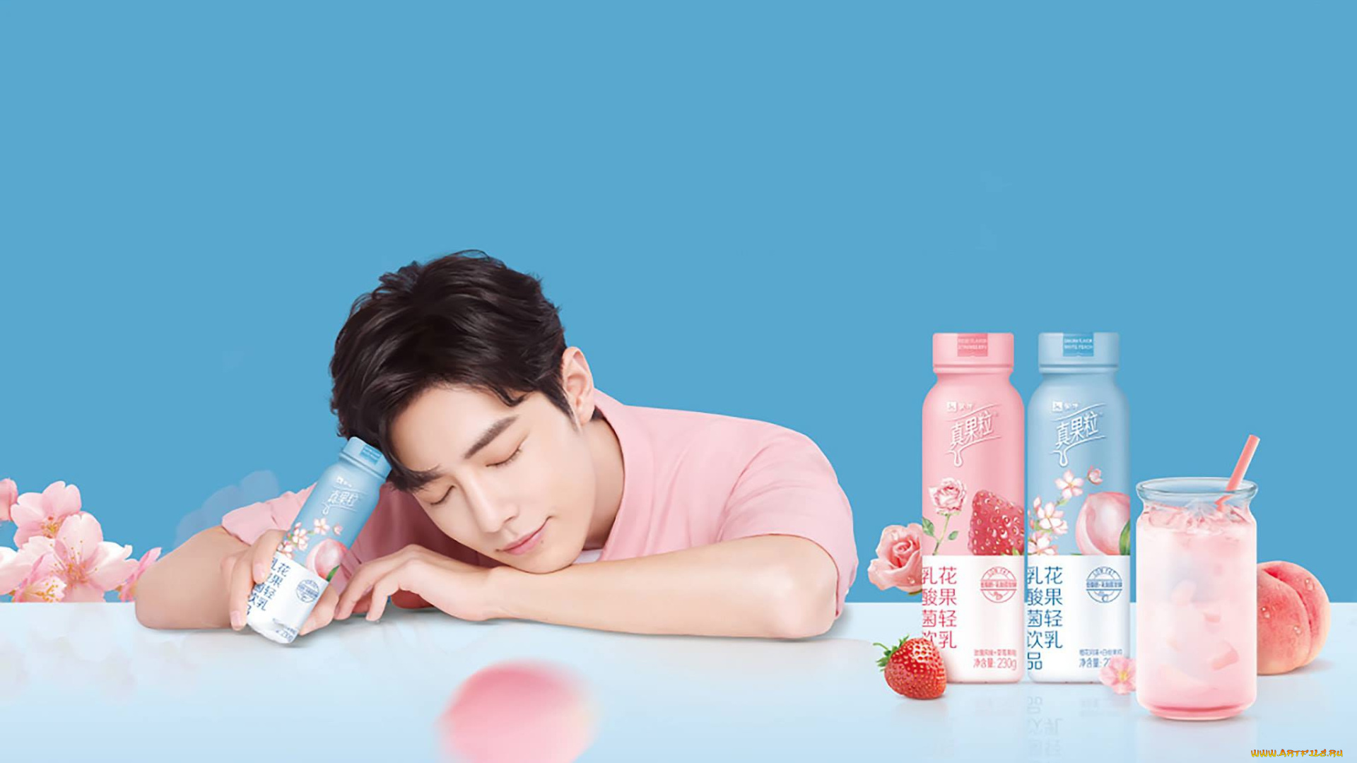 мужчины, xiao, zhan, актер, бутылочки, цветы, фрукты