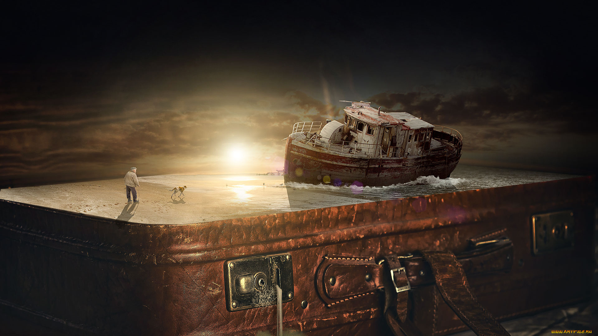 разное, компьютерный, дизайн, дед, собака, фон, чемодан, корабль