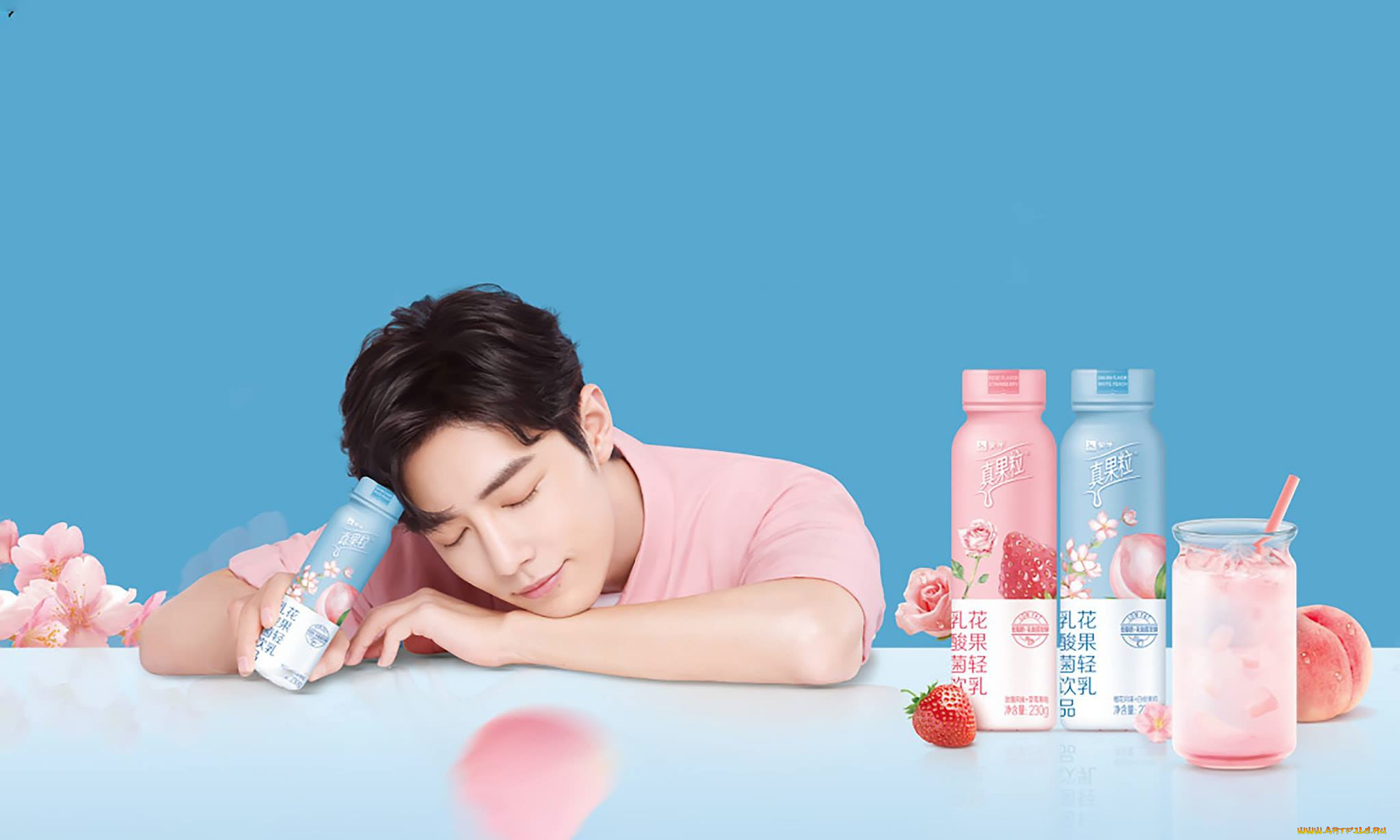 мужчины, xiao, zhan, актер, бутылочки, цветы, фрукты